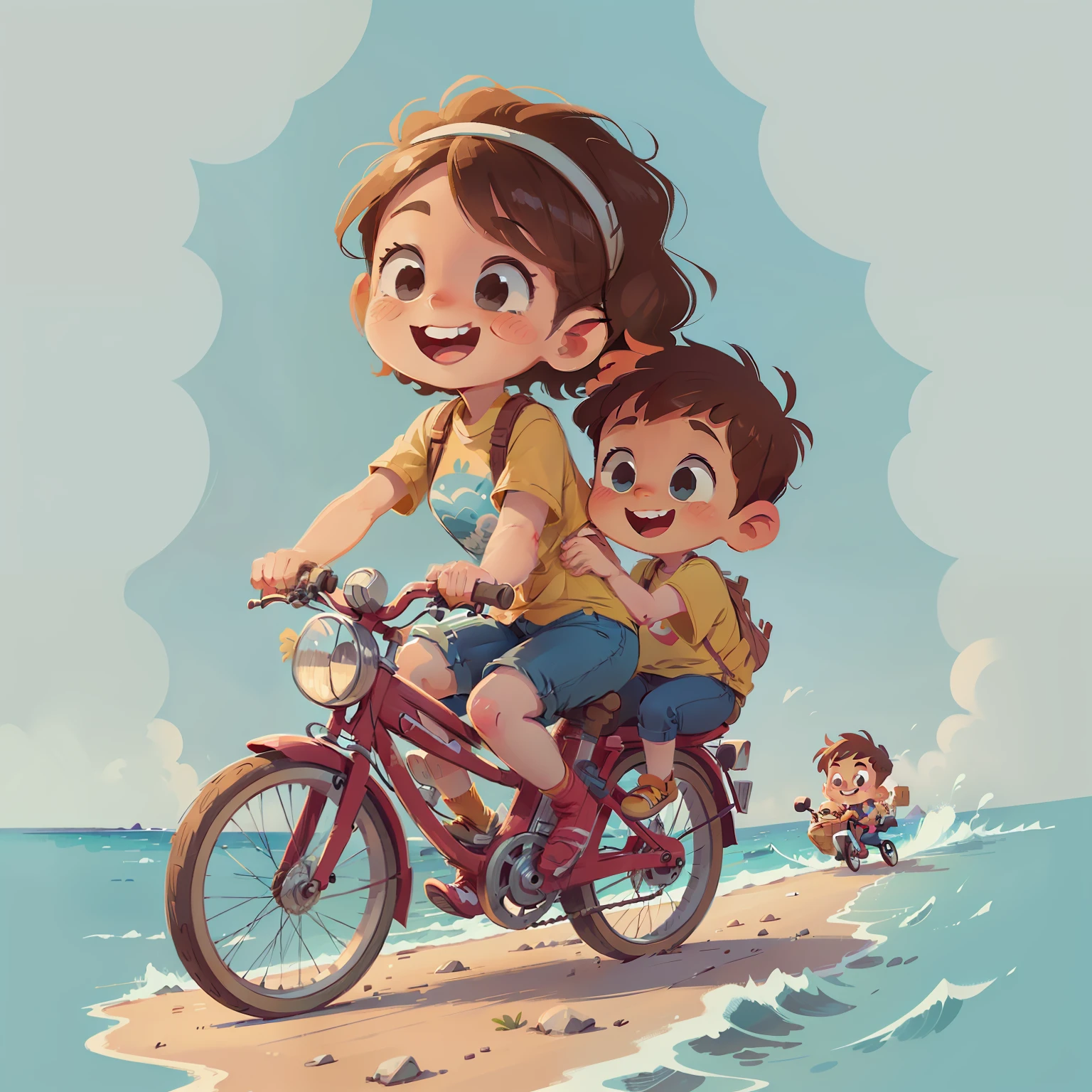 cartoony,Young beautiful mom riding a bike, Carrying cute s, Ride by the sea, Full of smiles,Beautiful spring view, Simple cartoon style, cartoon portrait of, cartoonish style, Cartoon Art Style, Cartoon Art Style,cartoonish and simplistic, high quality portrait, Cartoon style illustration, cartoonish vector style,high qulity