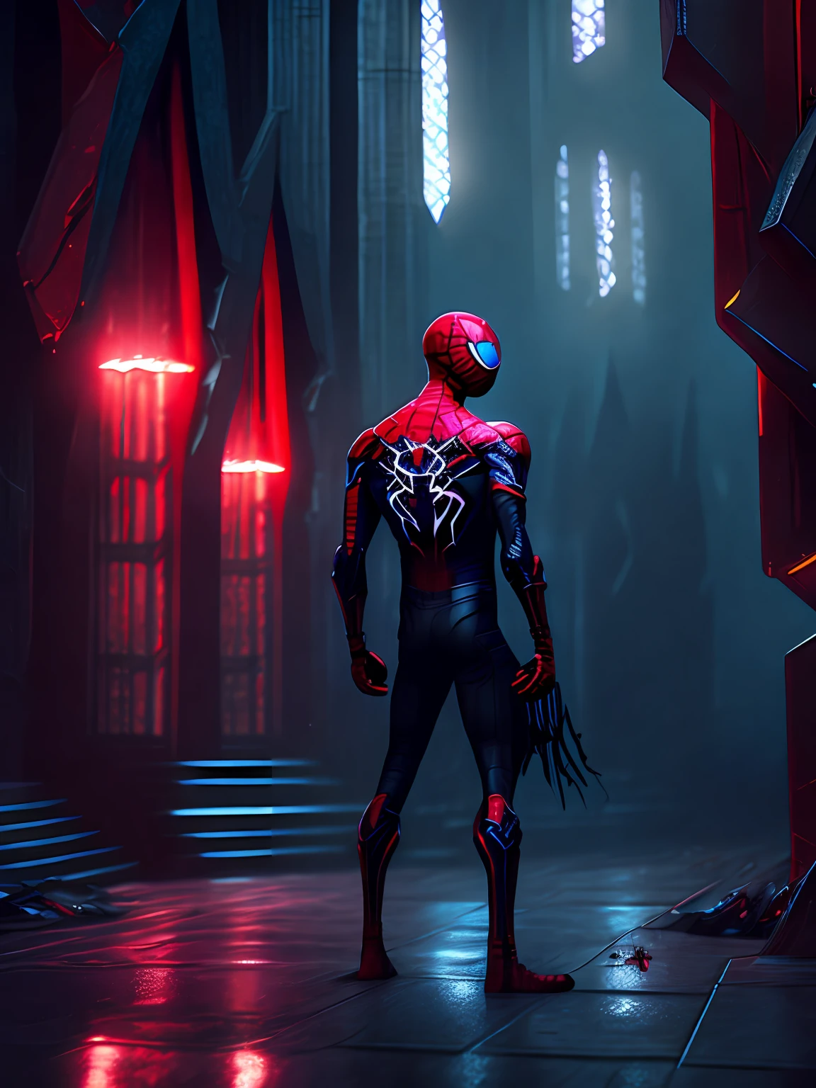 gloomy portrait of Bloody Spider-Man from Marvel with intricate angular cybernetic implants inside a brutalist building, gothic brutalist cathedral, cyberpunk, award-winning photo, bokeh, neon lights, cybernetic limb
