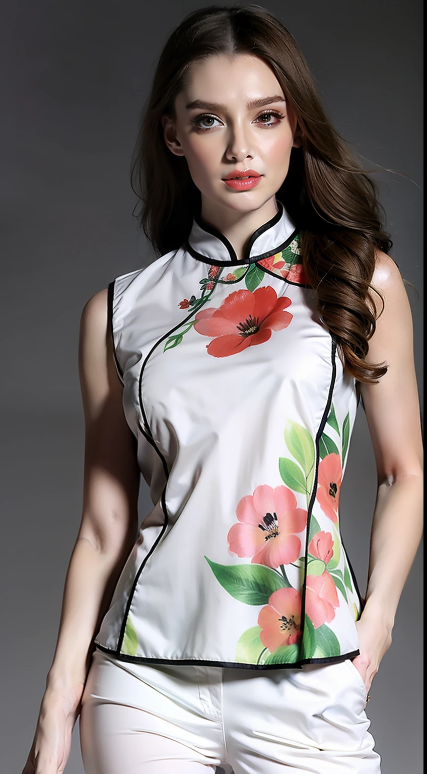 （Hyper Real）， （illustratio）， （A high resolution）， （8K）， （The is very detailed）， （Most Best Illustration）， （美丽细致的眼睛）， （best qualtiy）， （ultra - detailed）， （tmasterpiece）， （the wallpaper）， （详细的脸），white  clothes，Ink painting cheongsam， 独奏， huge tit， The background is indoors，（camel-toe）