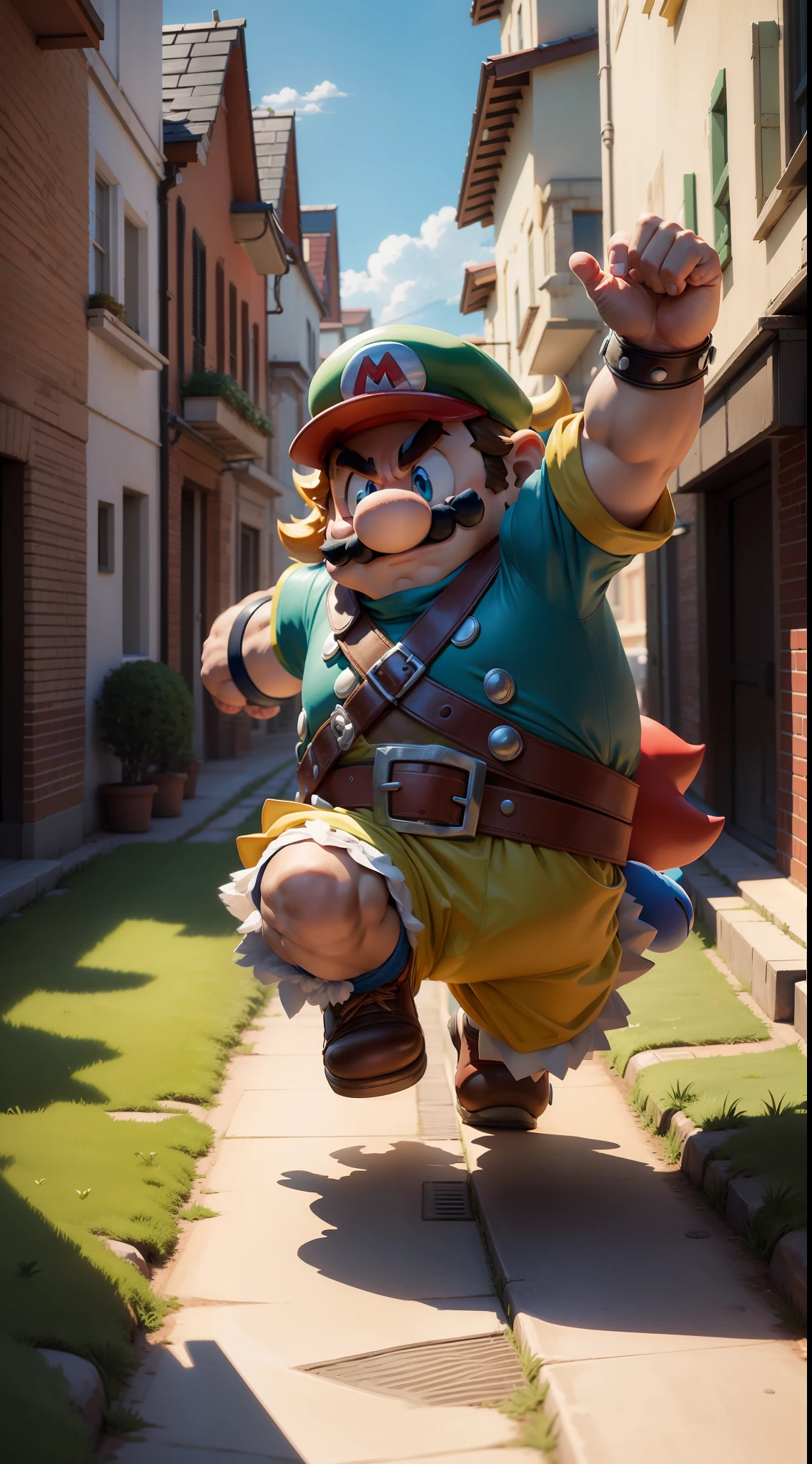 nintendo's thor mario is running in the street with his arms up, thor super mario portrait, portrait of thor super mario, fan artwork of thor mario, inspired by Mario Dubsky, portrait of thor mario, nintendo game art, inspired by Mario Comensoli, mario, inspired by Mario Bardi, mario dabbing, inspired by Luigi Kasimir, thor super mario, mushroom kingdom, official art