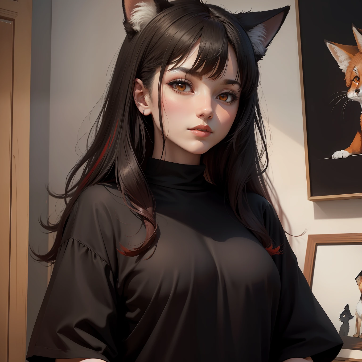 red fox，black shirt，The picture shows the upper body，The head is round，Black ears，The painting style is soft，Warm tones，Partial cartoon avatar，