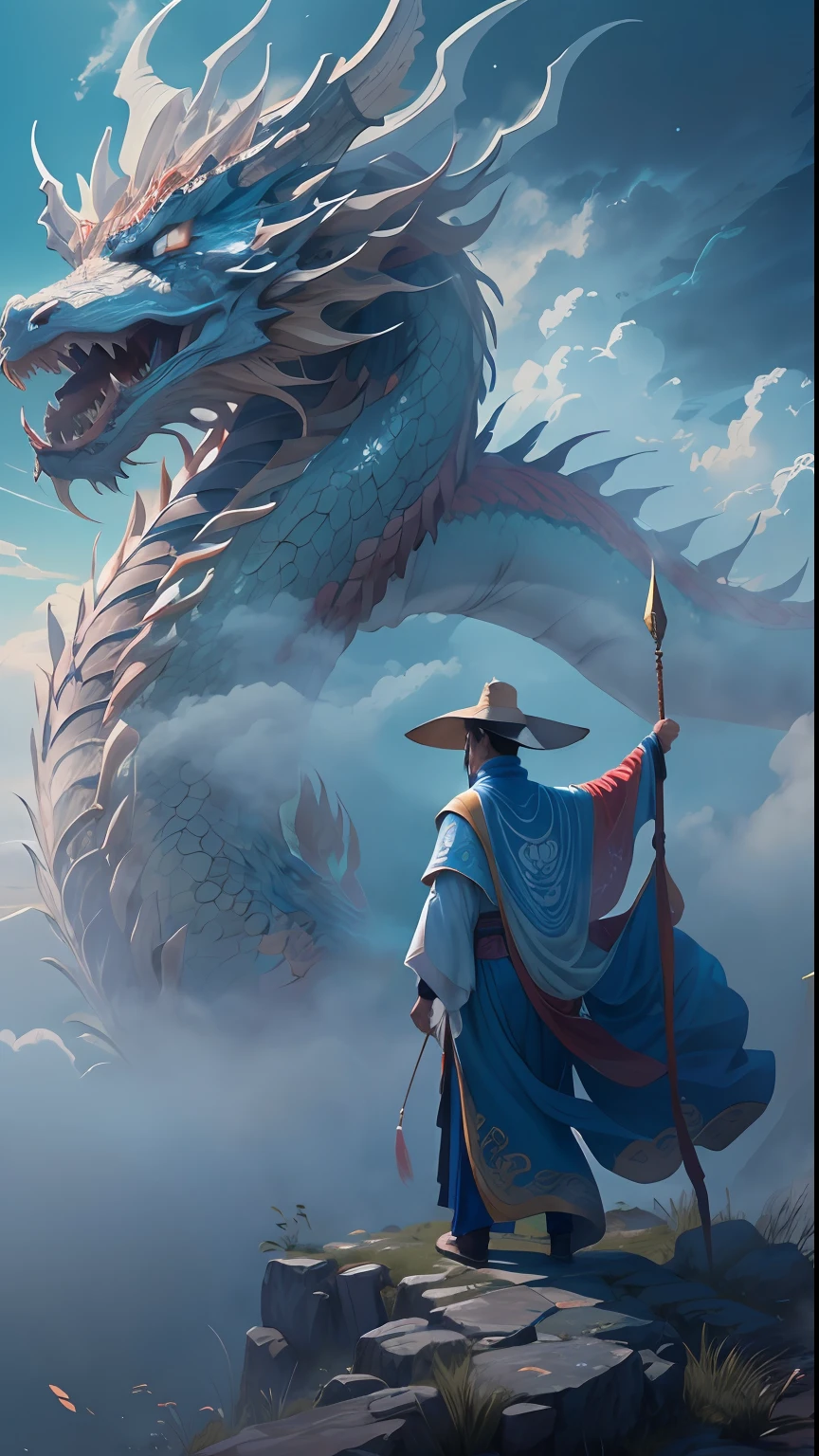 (foto RAW, melhor qualidade), (realista, foto-realista: 1.3), extremamente delicado e belo, Awesome, finamente detalhe, obra-prima, ultra-detalhado, highres, (best illustration), (melhor sombra), intrincado, A Taoist priest stands atop a mountain peak shrouded in mist, his right hand raised diagonally, empunhando uma espada longa, from the back, in front of a Chinese loong, gigantic blue chinese dragon, (loong: 1.4), nuvens, tempestade, montanhas, sun sunset, foco nítido, Volumetric mist, 8k UHD, DSLR, alta qualidade, (grain of film: 1.4), Fujifilm XT3,