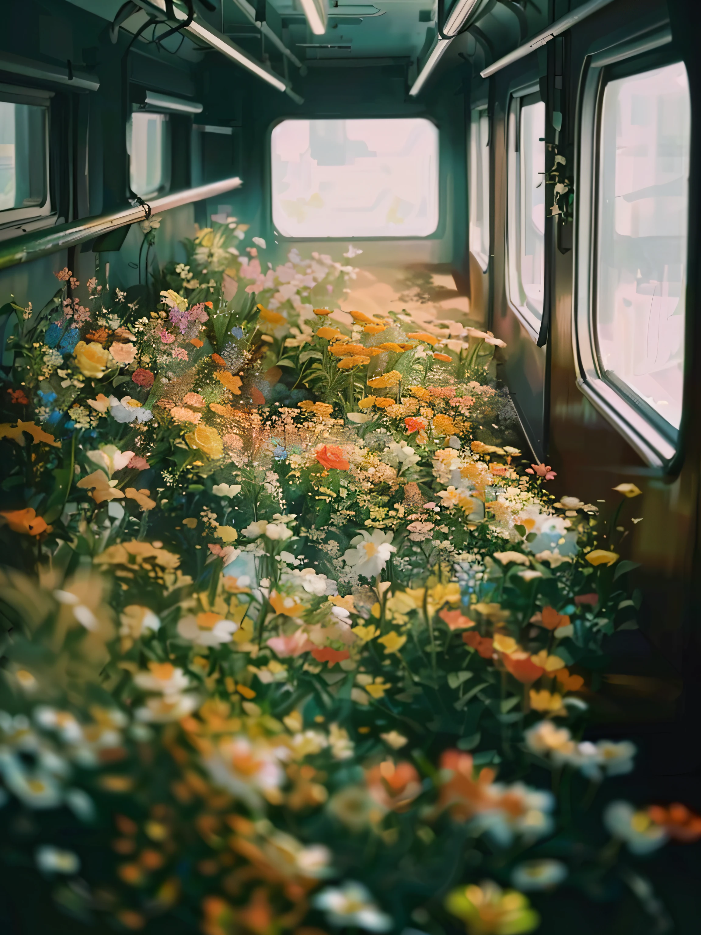 There are a lot of flowers on the train carriages, The windows are open, an aesthetic field of flowers, Inspired by Elsa Bleda, nature and floral aesthetics, Full of flowers, floral environment, there's flowers everywhere, Overgrown with flowers, humanoids overgrown with flowers, Flowers everywhere, Lots of flowers, flowers sea everywhere, beautiful flowers, in a field of flowers