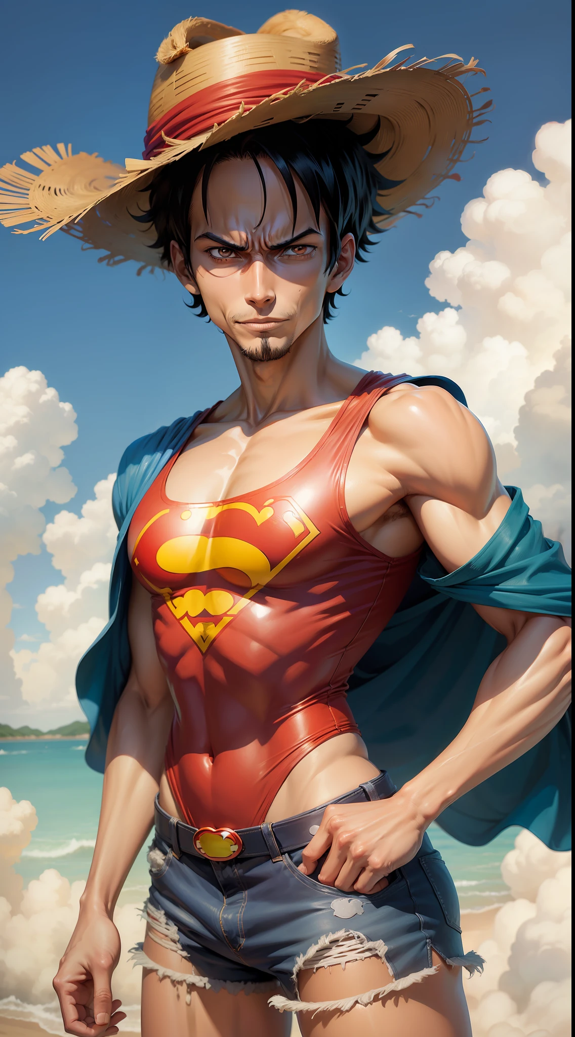 a cartoon image of a superman in a straw hat and blue shorts, superman luffy (one piece, superman monkey d luffy, superman luffy, superman monkey d. luffy, superman luffy from one piece, from one piece, one piece style, one piece artstyle, spideramn luffy gear 5, portrait of superman luffy from one piece, official art, eiichiro oda style, one piece