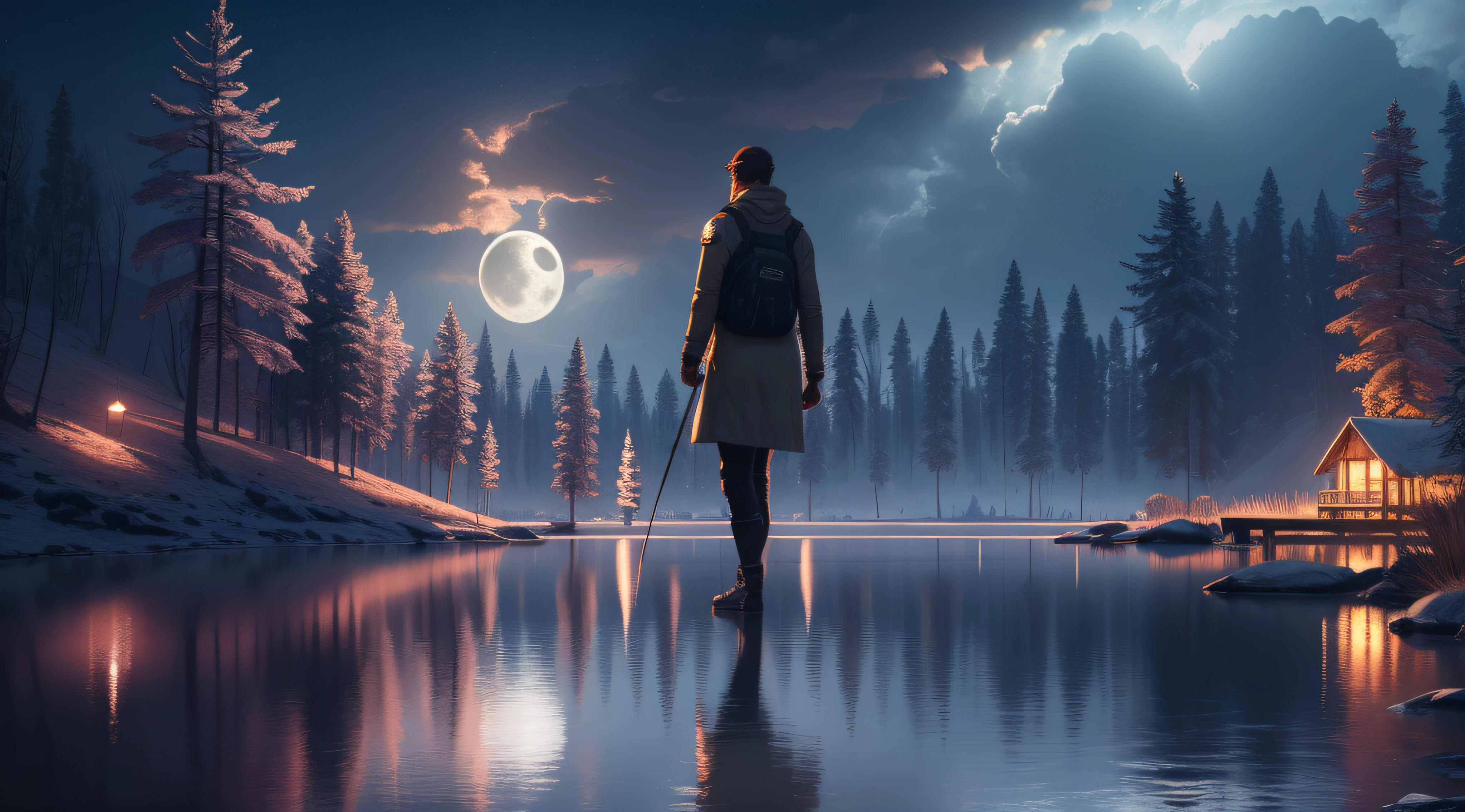 a beautiful lake with the moon shining on it, FULL MOON, trending on artstation, CryEngine, Unreal Engine, 8k resolution, Concept Art, James gurney, Romanticism