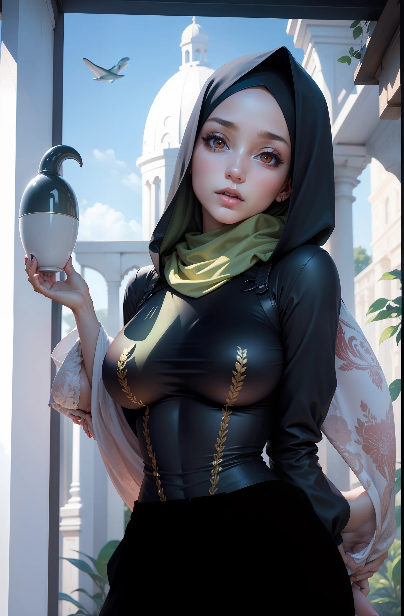 masterpiece, best quality, high resolution, fine detail, amazing and beautiful detail, different_images, 1 girl, solo,hijab, hijab,hijab, , , from below, red eyes, ,nud, ( big boobs), (lower chest) , outdoor, plants, botanical gardens, dolphin shorts, sleeves behind