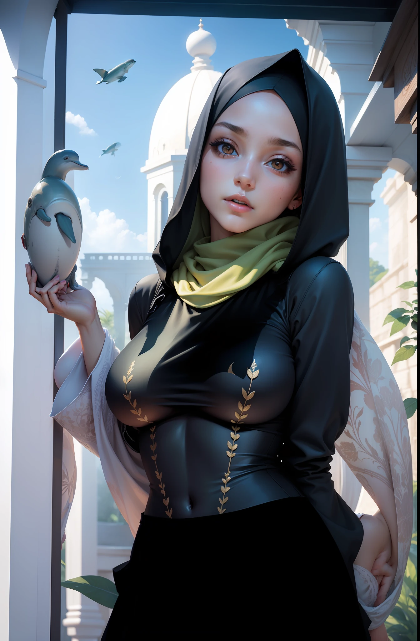 masterpiece, best quality, high resolution, fine detail, amazing and beautiful detail, different_images, 1 girl, solo,hijab, hijab,hijab, , , from below, red eyes, ,nud, ( big boobs), (lower chest) , outdoor, plants, botanical gardens, dolphin shorts, sleeves behind