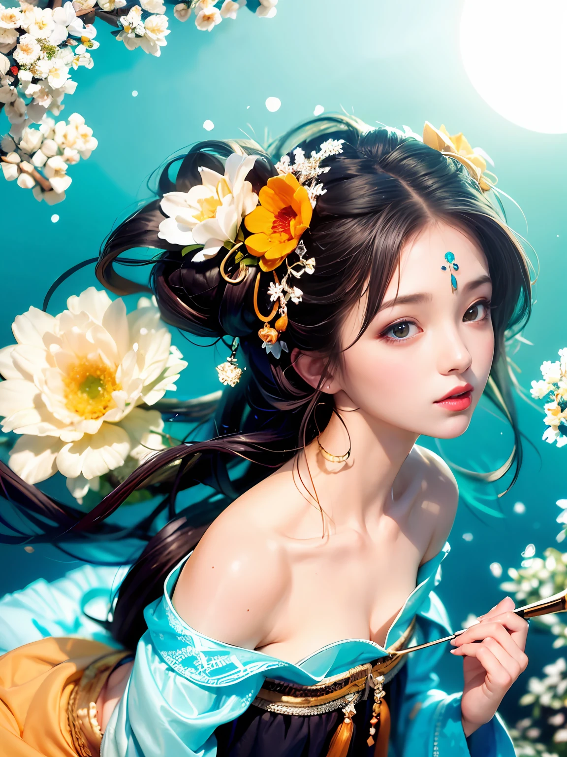 1girll，Tang dynasty skirt 1.3，Turquoise，Soft Light 1.3，Backlight 1.3，Light and shadow 1.3，Light color 1.3，（Snow-white skin 1.3）