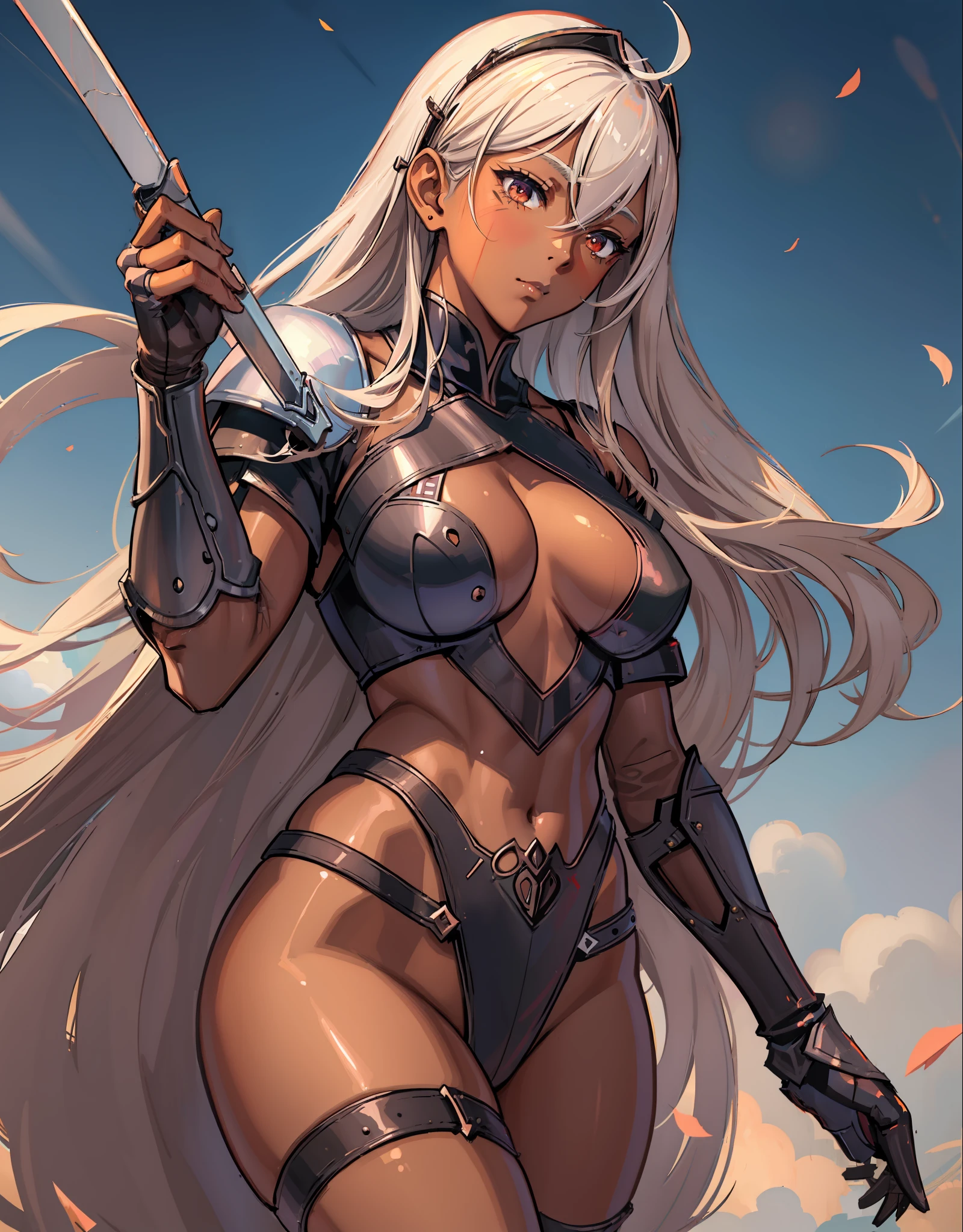 ((((masuter piece、top-quality、Long body、silber hair、The sword、Brown skin color、perspiring、Woman knight、Medieval armor、A charming expression、Great look、beatiful backgrounds、Full Body Angle、meadow background))))、Silvery hair、Ruby-like red eyes、(((Very marked camel toe)))、(((Pose with emphasis on the chest)))、(((((Black skin、natta))))),((((darkskin)))),((sun burn))、Realistic skin type、an anime girl、Detailed Digital Anime Art、A seductive anime girl、extremely detailed art germ、a hyperrealistic schoolgirl、Ilyakukvshinov、Smooth Anime CG Art、Ultra Realistic Woman、ig model、ArtGerm、photo-realistic anime girl、digital anime art
