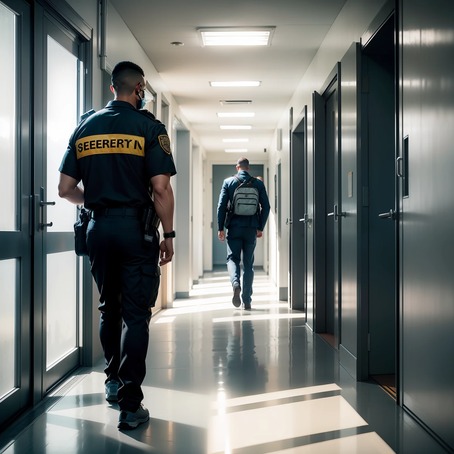 A man wearing a security guard walked down the hallway of the school