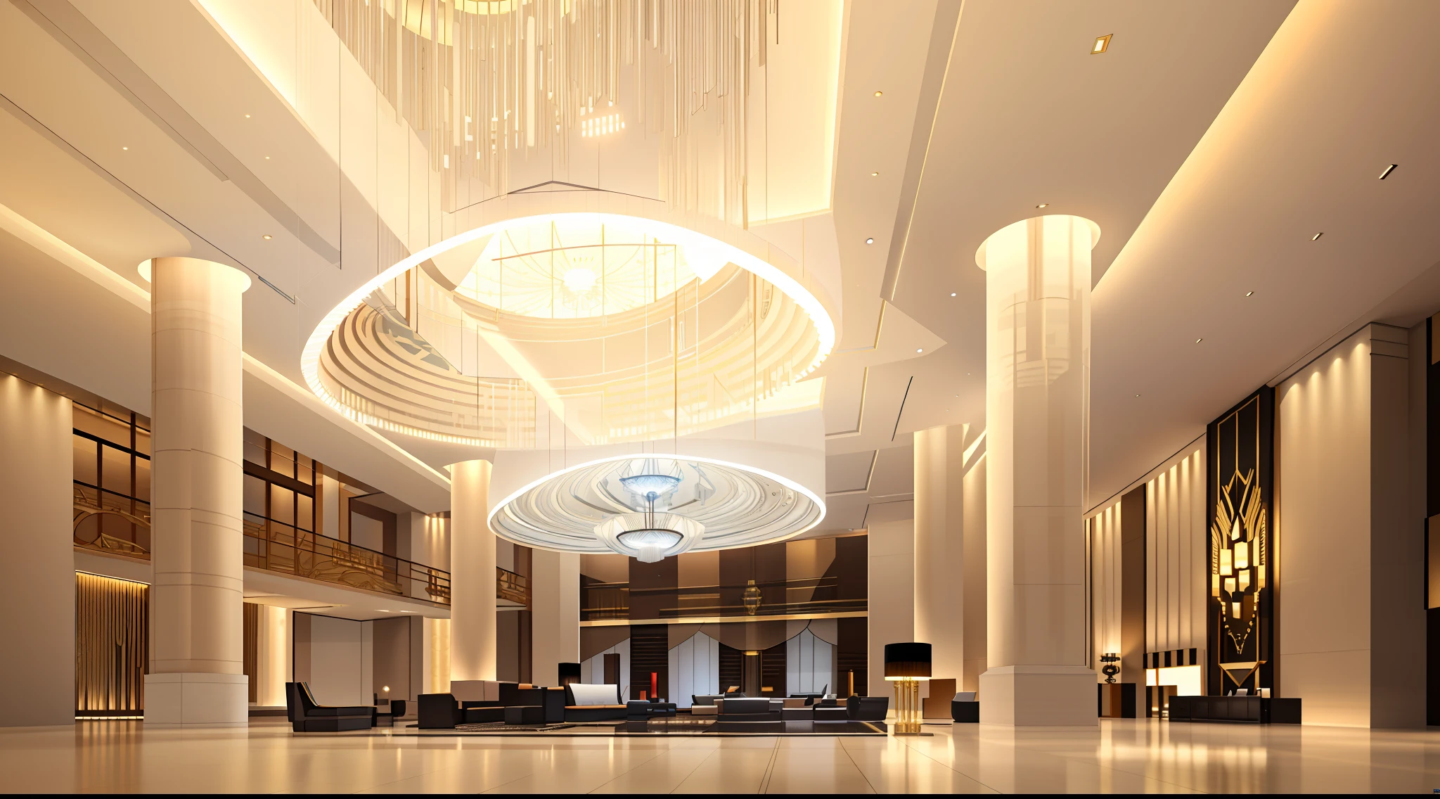 There are many lights hanging from the ceiling of the large lobby, CG rendering, building rendering, mantra rendering, luxurious environment, Exquisite rendering, high quality rendering, luxury hd render, impressive lighting, futuristic government chambers, dramatic rendering, interior architecture view, Grand!, architectural 3 d render, inside a grand, architectural render, Dramatic lighting. concept-art, rendering