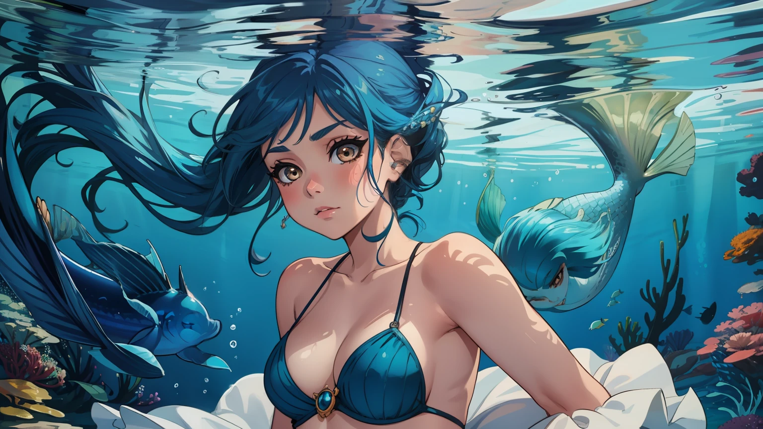 A little and adorable mermaid with stunning blue hair, enchanting brown eyes, a worry face, no smile, and a beautiful fishtail gracefully swimming in the vibrant depths of the ocean."