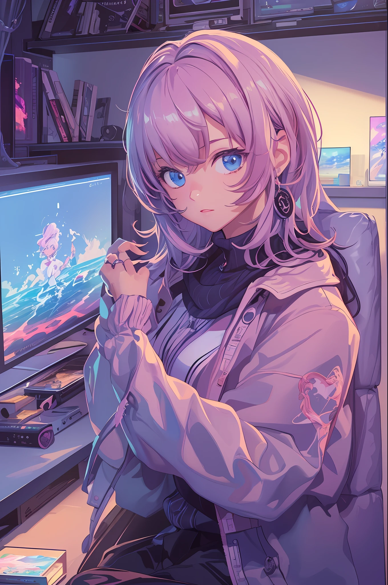 (​masterpiece), (The best illustrations), Relaxing Girl, anime backgrounds, Game Bedroom, TV with large computer, Ring lighting, Rim Lighting,(the Extremely Detailed CG Unity 8K Wallpapers),(​masterpiece), (top-quality), (Vaporwave Style), (ultra-detailliert), (The best illustrations), (Best Shadows),Perfect litthing, perfect anatomia, vivd colour,