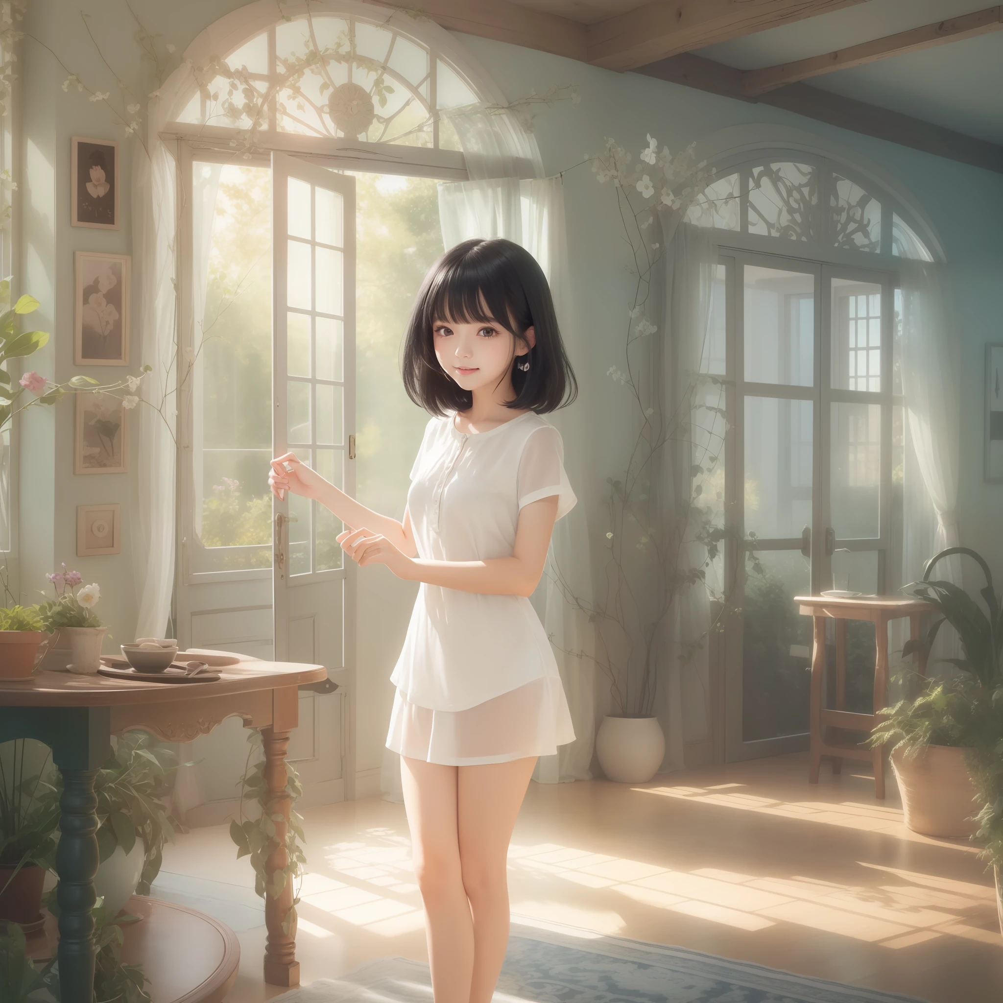 Image of beautiful teenage girl with top quality CG illustration。In high resolution、Beautiful fine details、tranquil atmosphere。(((Black Hair Bob Hair)))、Cute smile with mouth closed。Girl in white light short sleeve dress standing in room。