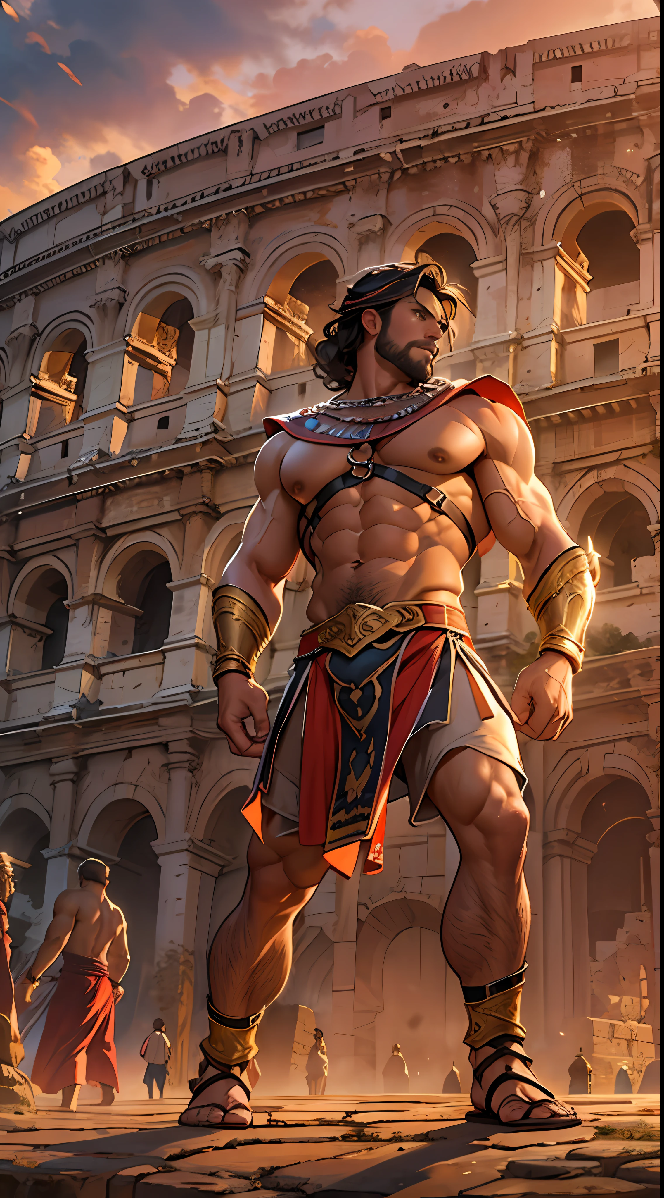 Mighty gladiator, chest uncovered, lower body revealed from thighs to feet, cascading long curls, detailed muscular physique, lifelike depiction, 4K resolution. Background: Colosseum during a spectacular sunset,32k uhd, best quality, masterpiece, super detail, high details