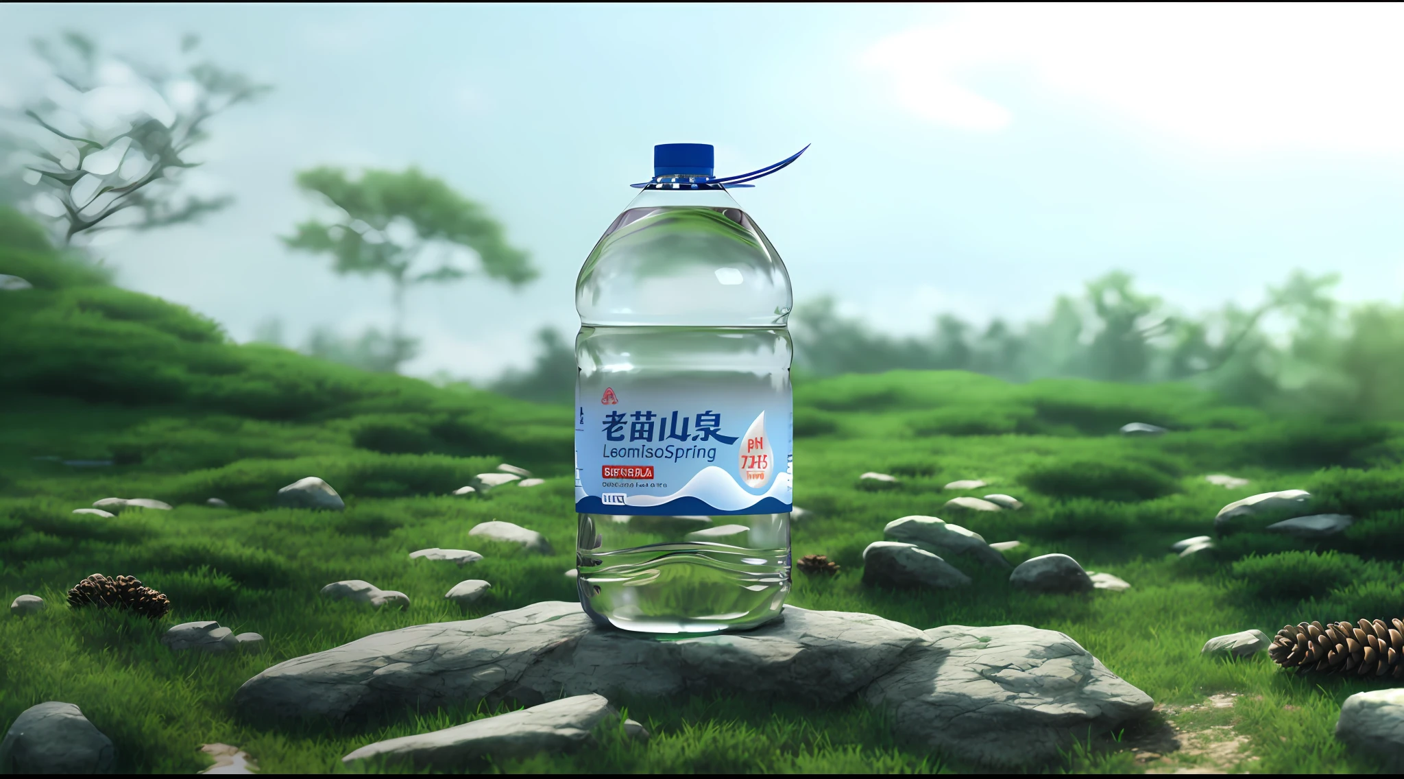 On a stone in the grass sat a bottle of water, realistic water, ultra detailed water, realistic water sharp focus, high quality topical render, water in background, natural realistic render,Purified water,