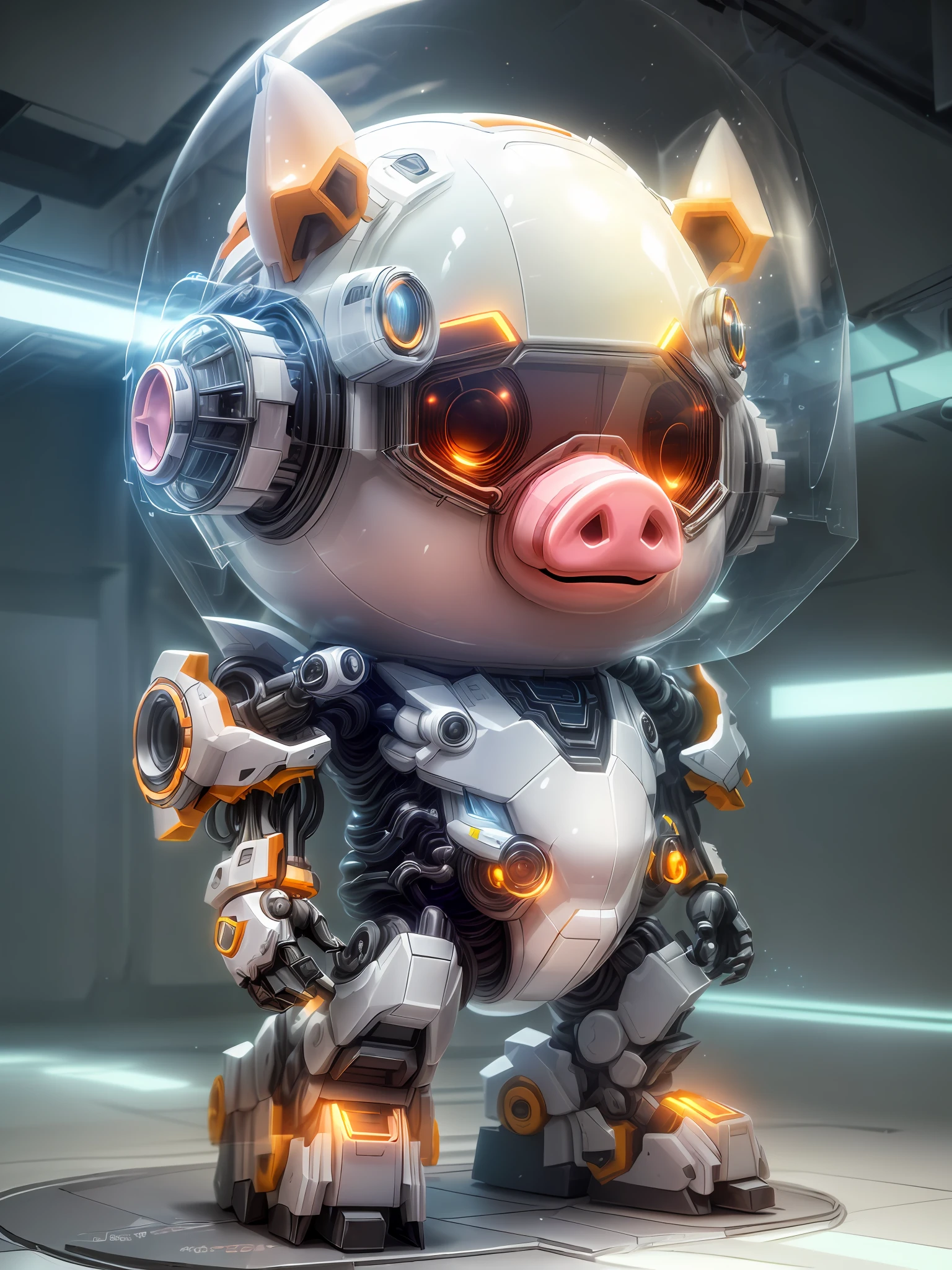 (anthropomorphism:1.5),(Full Body Shot) ,  1 Transparent cute q-version pig mecha( Transparent mecha, Transparent  Mechanical style cute pig head, Exquisite Helmet:1.2, glowing goggles:1.2, muscular limbs, muscular body), Standing on two legs, nobody,Colored Transparent plastic, Cyberpunk, Dreamy Glow,clean,white background, ( Global illumination, raytracing, HDR, unreal render,reasonable design, high detailed, masterpiece, best quality, UHD, Cinematic Lighting