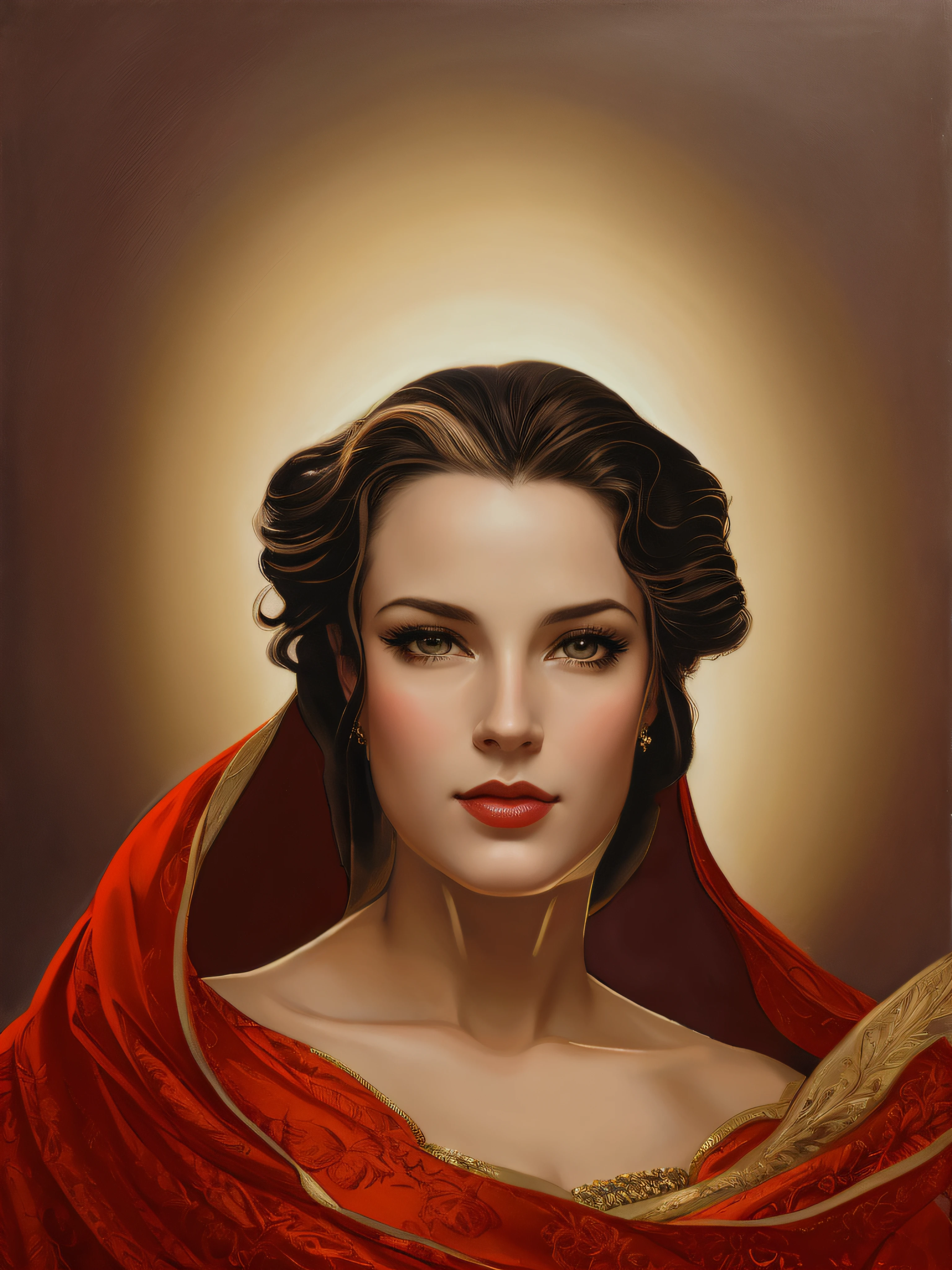 Painting of a woman with a red shaw around her neck, retrato artgerm, Martin Ansin, Retrato da obra, retrato close-up da deusa, master part! Retrato de Arwen, Retrato de uma bela deusa, Anna Dittmann Alberto Vargas, inspirado em Alexandre Cabanel, Retrato da Deusa Celta Diana, inspirado em Rolf Armstrong, Retrato da Deusa