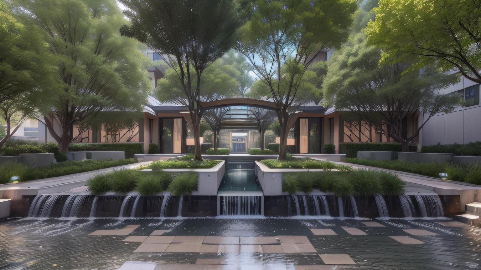 Technologie,mirai,eco,Tyndall,water flowing,insanely detailed rendering, Detailed rendering, building rendering, rendering, mantra rendering, private academy entrance, A digital rendering, hdr render, precise architectural rendering, Low angle second rendering wide-angle appearance 2022, Entrance