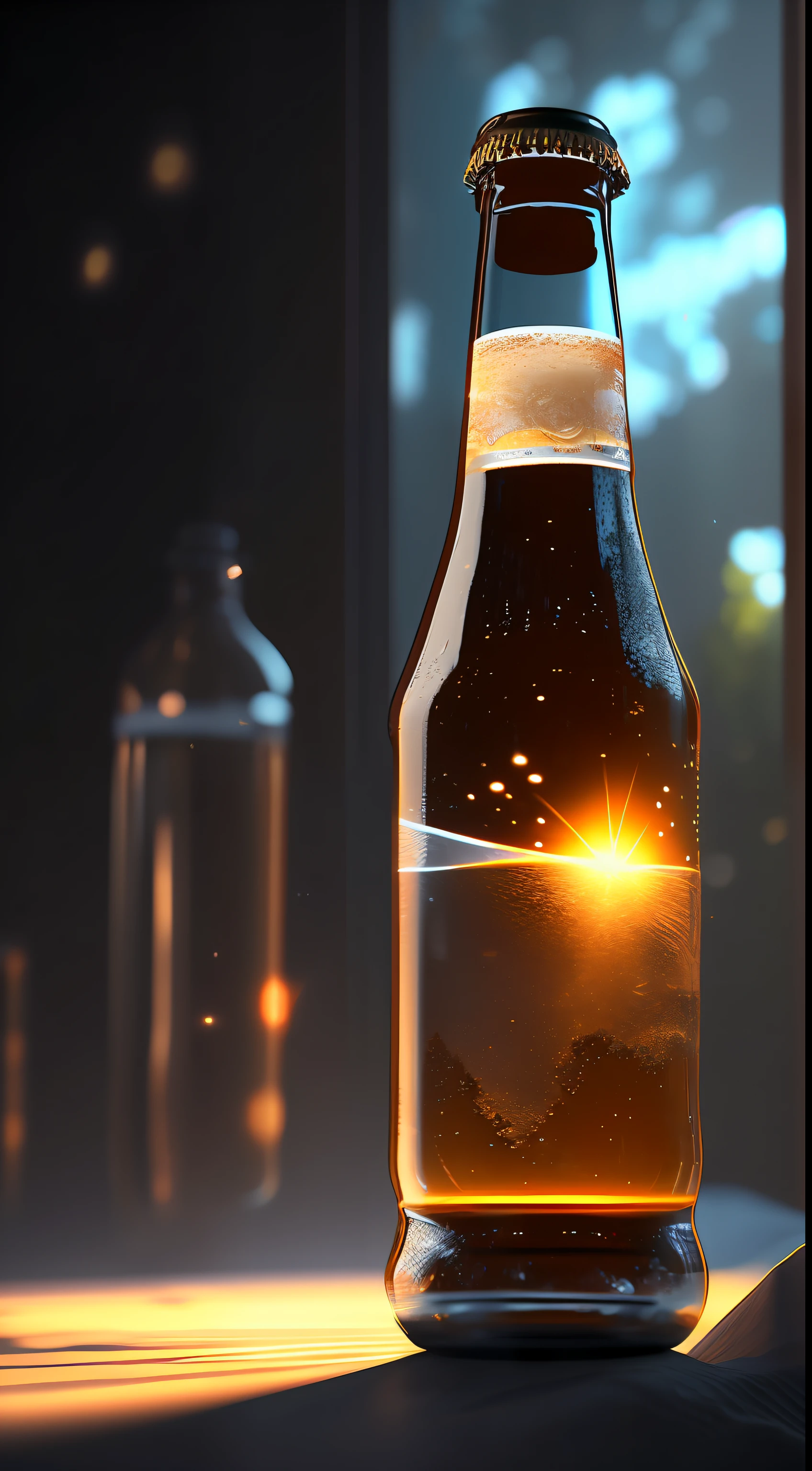 A bottle of fantasy beer in a beer glass，mistic，realisticlying，photore，kanon，dream magical，Artistically，The stars shine。Hyper-detailed photo realism by Greg Rutkowski - H1024W 804 | F16 Lens Marker 2:2 S 35555 mm film particles：1 Reality, Focus contrast sharpened by high resolution！！Atmospheric refractive illumination with complex and detailed octane numbers, A masterpiece of cinematic concept photography in Unreal Engine 5, illustrates the CGSociety trend