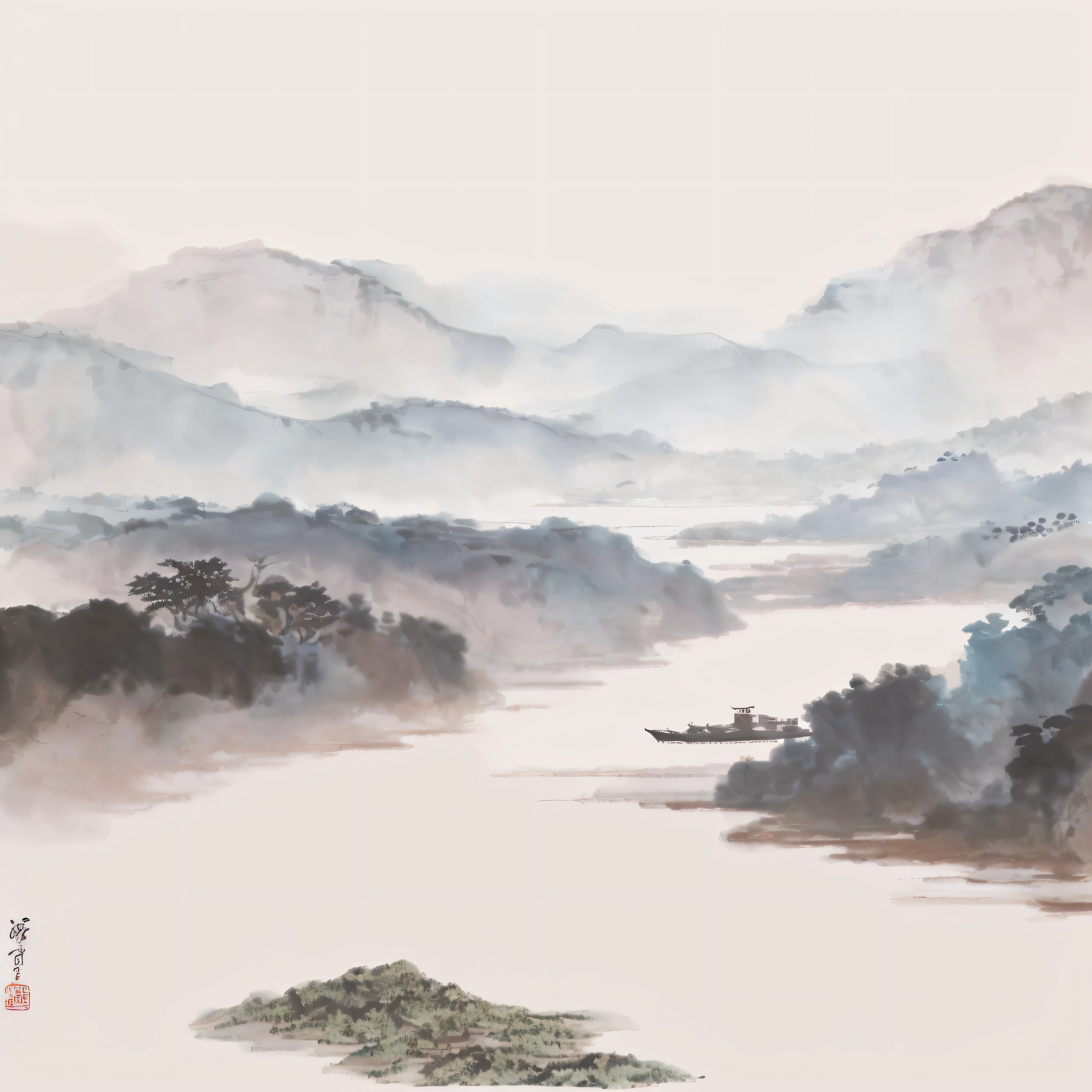 there is a painting of a boat on a river with trees in the background, ink wash painting, in a serene landscape, by Cheng Jiasui, by Gao Xiang, by Dong Qichang, inspired by Dong Qichang, by Dai Xi, ink painting, by Song Xu, by Gao Qipei, by Xia Shuwen