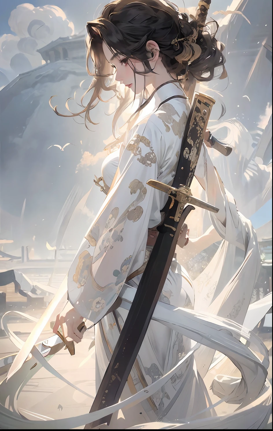 Sword and scabbard。Hyper-realistic,No Man,The background is a Chinese scene,tmasterpiece,best qualtiy,8K,Extremely clear lines, violent storm, Sateen, smog,tendrils,spirals,Dust