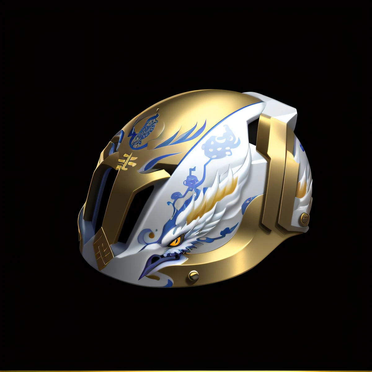 white backgrounid,8K realistic details high-end national tide helmet,Chinese style helmet,plethora of colors,National tide helmet,chinesedragon,Chinese Phoenix,Blue and white porcelain pattern,Black and gold color scheme