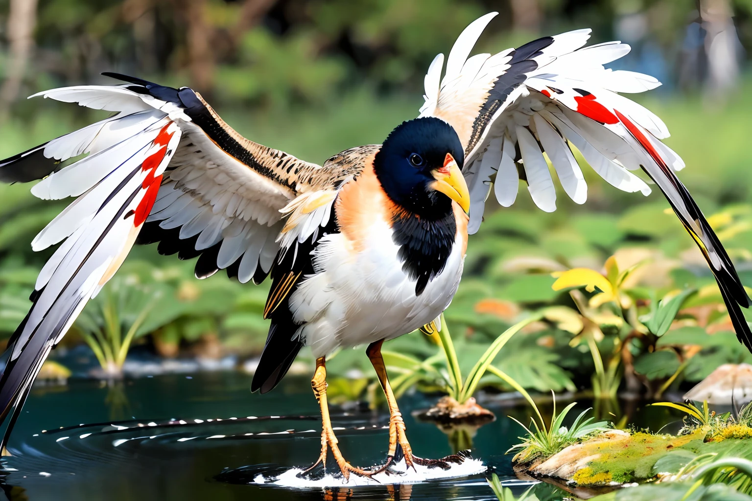 The Secretary Bird, gracefully striding through a wetland habitat. Its long legs effortlessly navigate the shallow water, while its slender body is adorned with striking black and white feathers. The bird's distinctive crest stands tall, adding a touch of regality to its appearance. Surrounding the bird, the wetland is teeming with life. Vibrant green reeds and lily pads create a lush backdrop, while dragonflies dance in the air. The atmosphere is filled with a sense of tranquility and harmony. The image is portrayed as a realistic painting, executed with watercolors on textured paper, --ar 9:16 --v 5