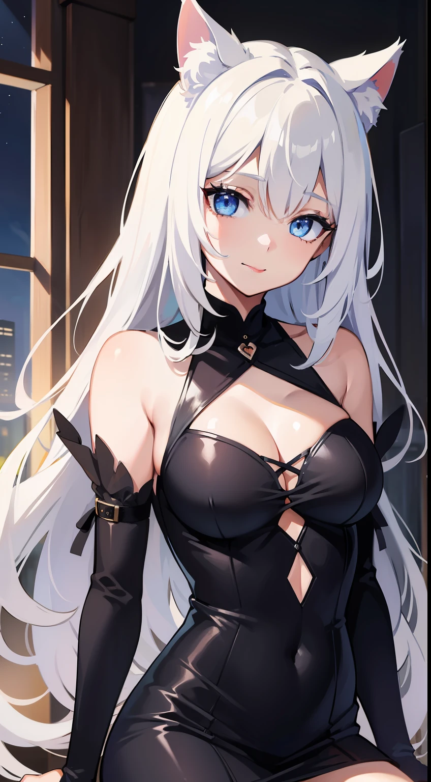 young girl, Long white hair, cat ears, cat tail, blue eyes, blue luxury tight dress, ssmile, Masterpiece, hiquality