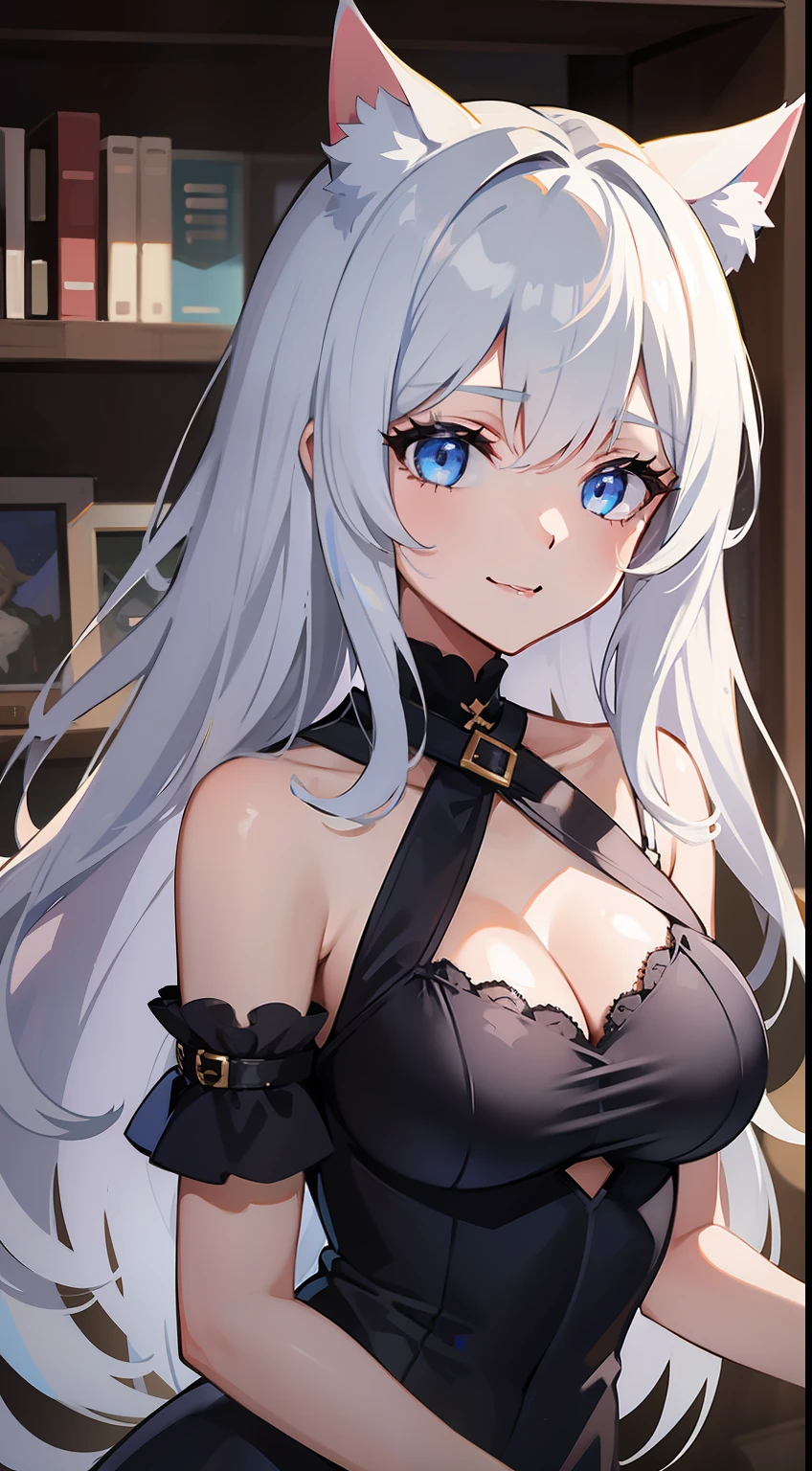 young girl, Long white hair, cat ears, cat tail, blue eyes, blue luxury tight dress, ssmile, Masterpiece, hiquality