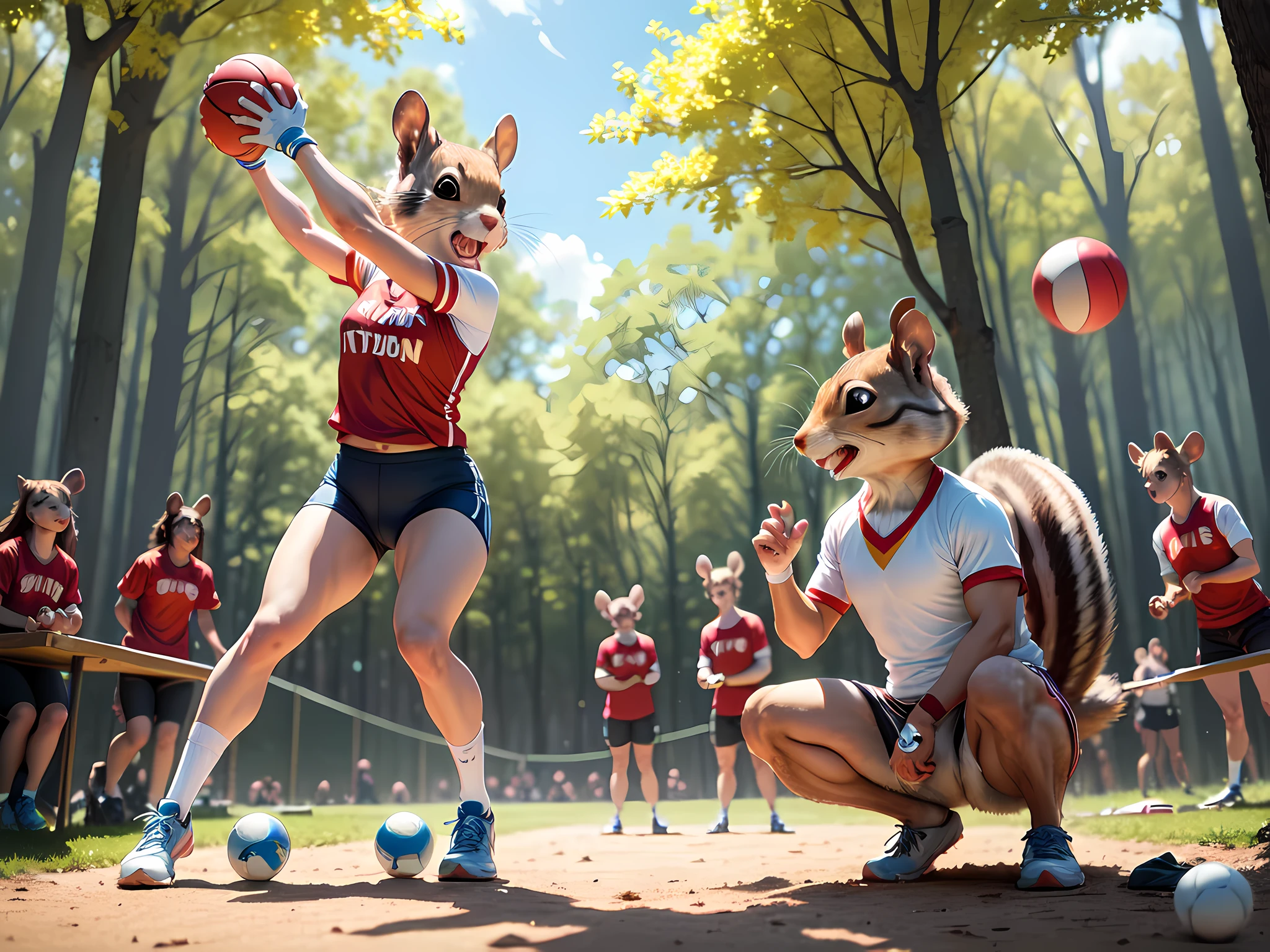 Illustration of an athletic meet in which a squirrel and a mouse are collecting balls
The location is in the woods.
The time is a sunny summer day.
A squirrel and a mouse form a team to collect balls.
The squirrel team wears red uniforms.
The mouse team wears blue uniforms.
The squirrels and mice are all having fun putting together balls.
Many animals are cheering in the audience seats.
All the animals are smiling and cheering.