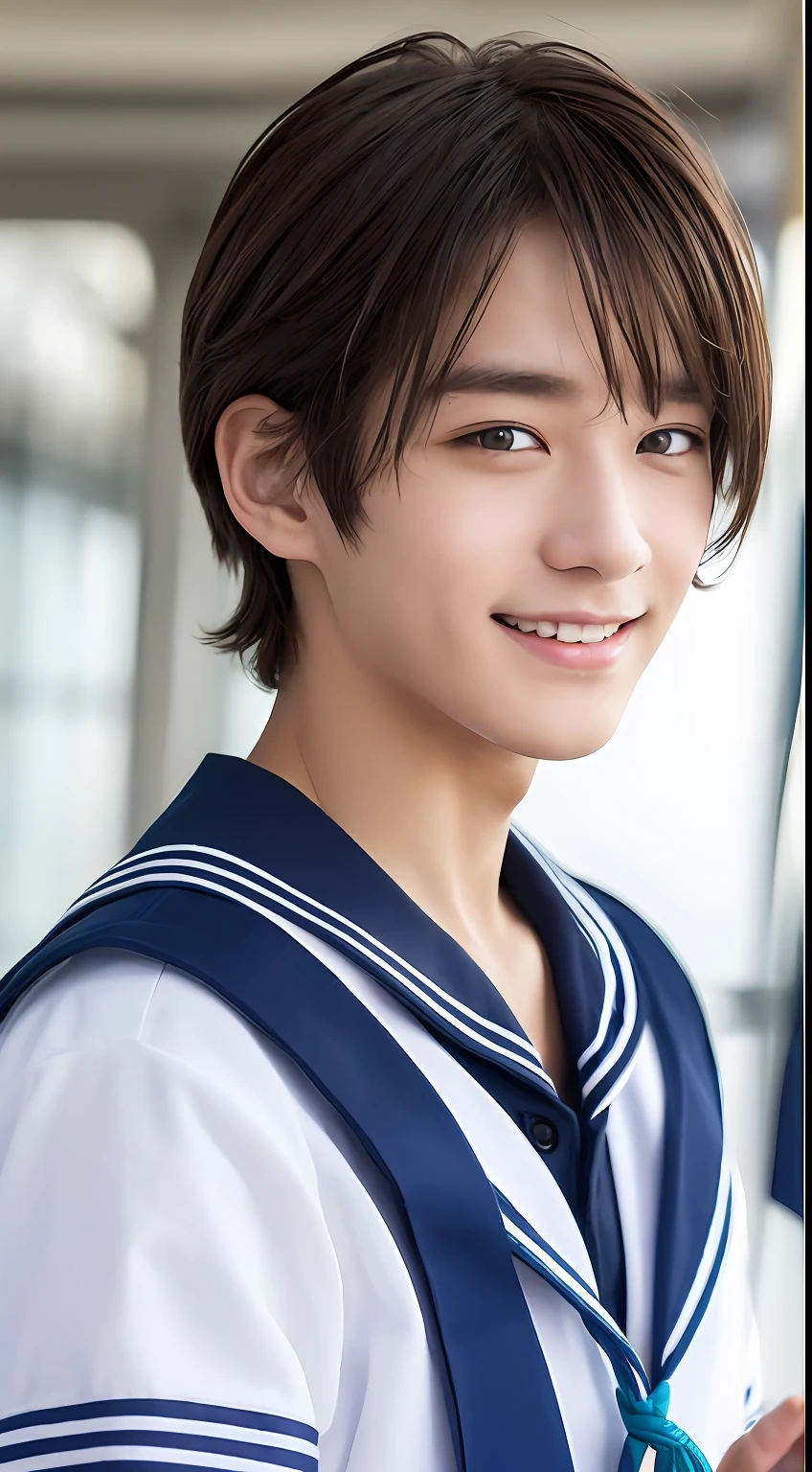 ((top-quality、8K、Top image quality、masterpiece:1.3))、hight resolution、very detailed illustration、(Boys like girls)、(((1 beautiful boy:1)))、((Beautiful Boys))、((12year old))、(Shota)、cute little、a baby face、Beautiful skin、Random posture、(8K、Raw photography、top-quality、masterpiece:1.2)、(realisitic、Photorealsitic:1.37)、ren、male model、((a sailor suit))、a handsome、twinks、Professional Lighting、A dark-haired、Little Devilish Smile、Look ahead with your eyes、with light glowing