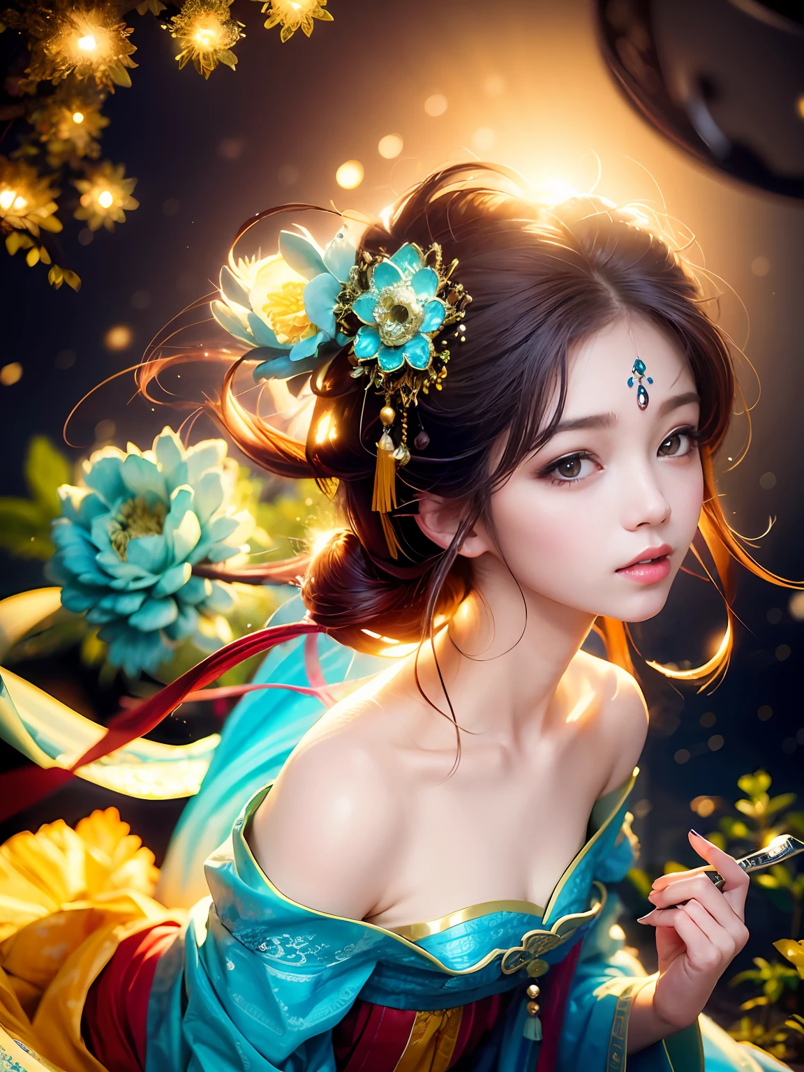 1girll，Tang dynasty skirt 1.3，Turquoise，Soft Light 1.3，Backlight 1.3，Light and shadow 1.3，Light color 1.3，（Snow-white skin 1.3）