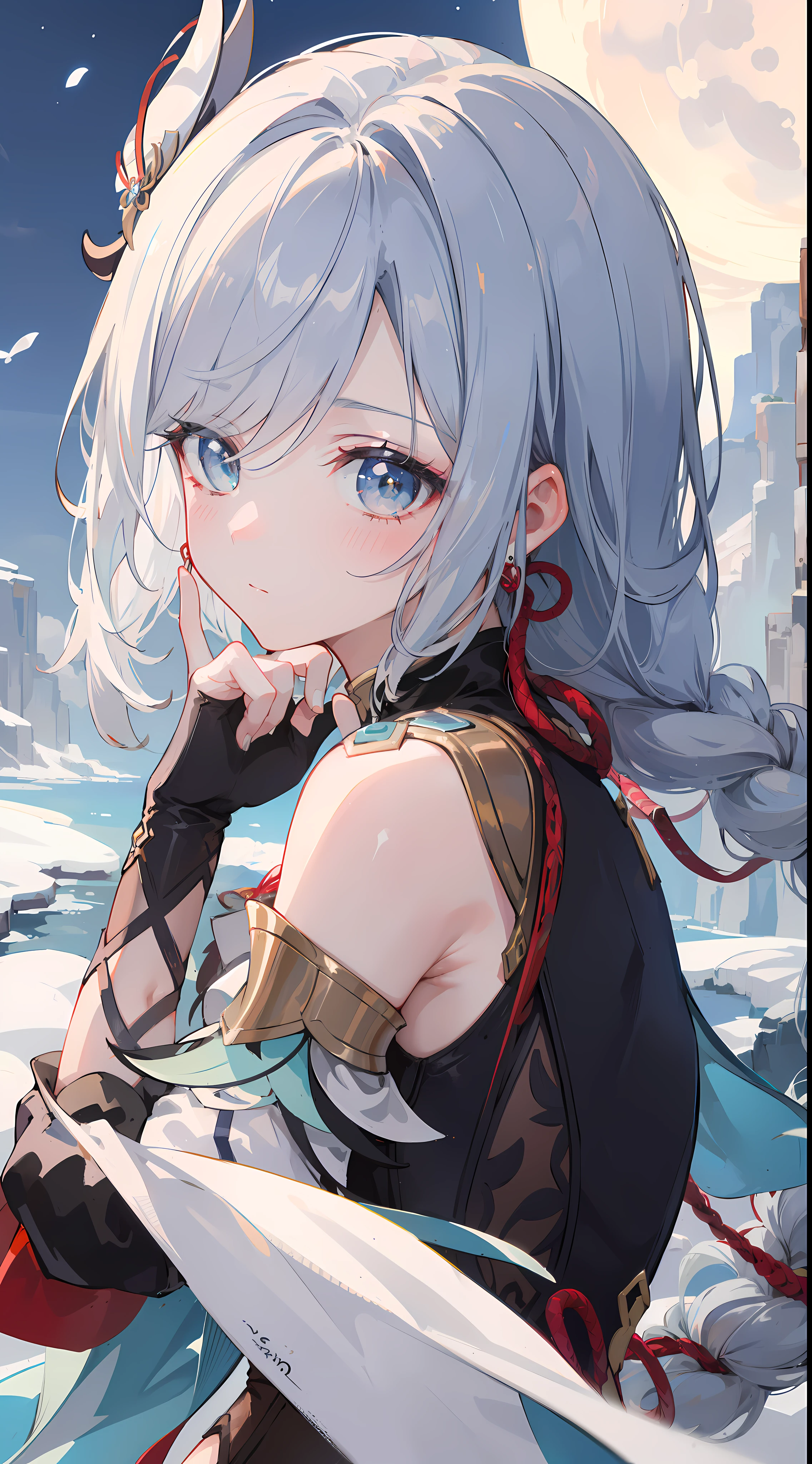 shenhedef, upper body, serious expression, blush, outdoors, night, liyue house background, dark moon sky, short hair, sky, beautiful nature surrounding near canyon, looking at viewer, mountain, moody lighting, (perfect detail eyes:1.2), glowing eyes, (long hair one braid:1.2),
(Masterpiece, Best Quality, High Quality:1.4), professional artwork, Intricate Details, field of view, sharp focus, detailed painting, photorealistic lighting, trending on pixiv, (vivid lighting, vibrant colors:1.05), realistic shadows, ambient occlusion,