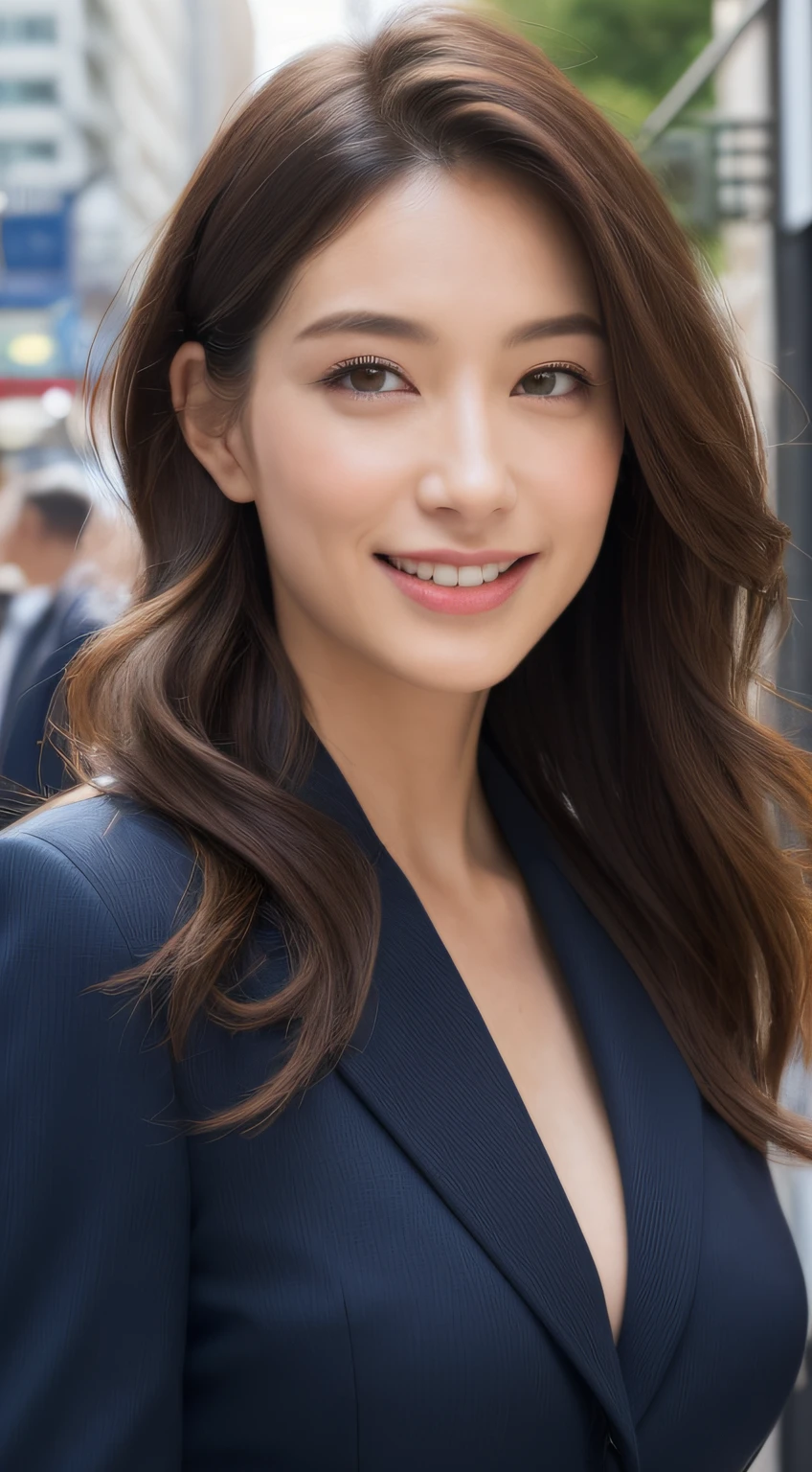 ((top-quality、8K、masterpiece:1.3))、sharp:1.2、Perfect Body Beauty:1.4、Slim abs:1.2、((Layered Hair Style、Colossal tits:1.2))、(Business suits:1.1)、(Street:1.2)、Wetty:1.5、Beautiful face、Wavy Hair、Highly detailed facial and skin texture、A detailed eye、二重まぶた、Aspect of looking at the camera、A smile