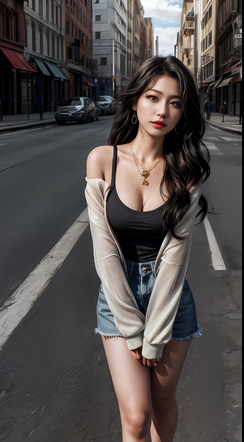 Best quality, Masterpiece, High_Nothing, 1girll, hair adornments, necklace, Beautiful face, the golden ratio,Expose your legs,Tyndall effect, photograph realistic,perfect female shape,rim lit, twotonelighting, (highdetailskin:1.2), 8K, A picture, Digital SLR, Soft lighting, High quality, Street photography,Volumetriclighting, candid, photographed, high resolution, 4K, 8K, Breasts are medium large,,shirt,hair on shoulders, long whitr hair, ccurateblack hair