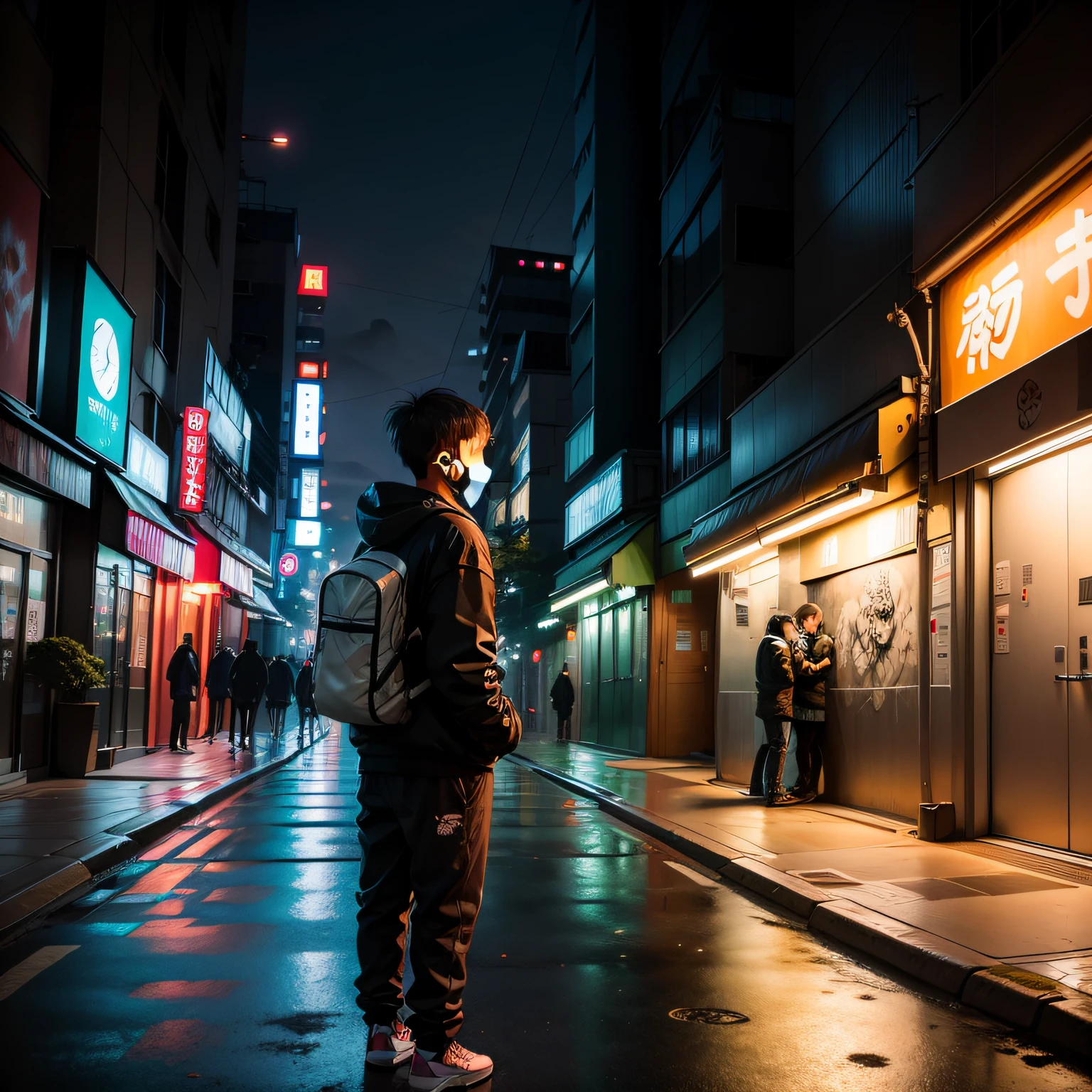 Twilight is growing at dusk，in a tokyo street，A young street artist is creating a stunning graffiti art with spray paint。