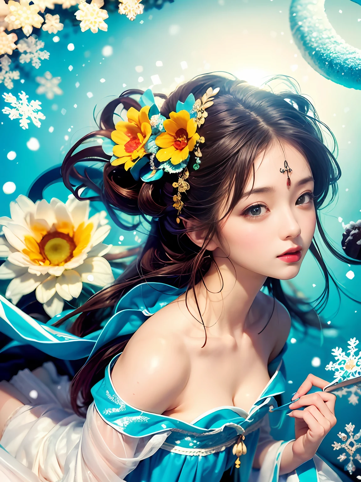 1girll，Tang dynasty skirt 1.3，Turquoise，Soft Light 1.3，Backlight 1.3，Light and shadow 1.3，Light color 1.3，（Snow-white skin 1.3）