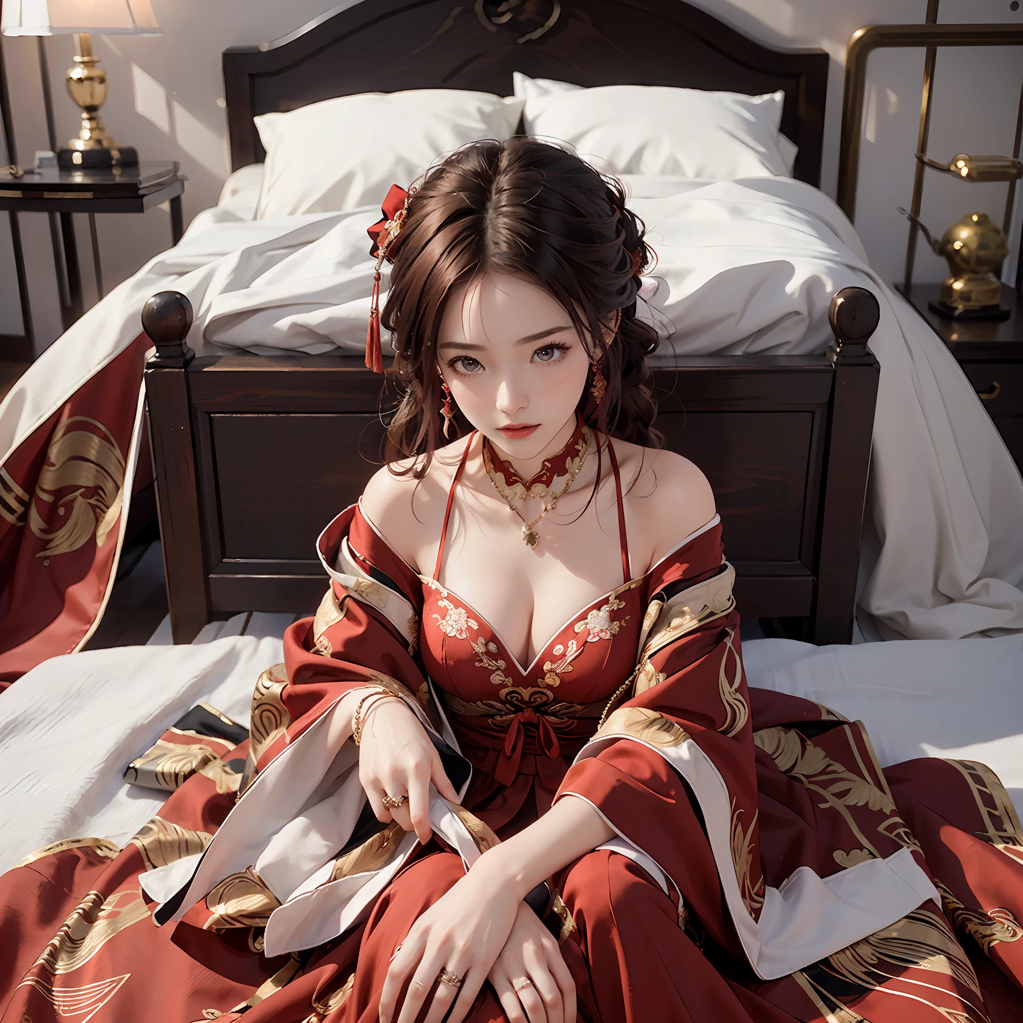 (A Chinese bride), (wearing a gorgeous Chinese red wedding dress), (conservative wedding dress: 1.4), ((half lying in bed)), (chinoiseriety elements: 1.4), (shy, tender, beautiful face, fair skin, bright eyes, elegant eyebrows, happiness and expectation, rosy lips, soft face), (red clothing: 1.4), (wearing delicate jewelry, rings, necklaces)), clothes embroidered with phoenix motifs, (embroidery), (conservative red robe), pure, romantic, (Full body shot: 1.5), (body curve), Pleated decoration, (cinematic quality), (Best quality: 1.2), (Realism: 1.4), (Indoor), Photo quality, ((octane rendering)), Close-up, Photographic lighting, (Red theme: 1.4),