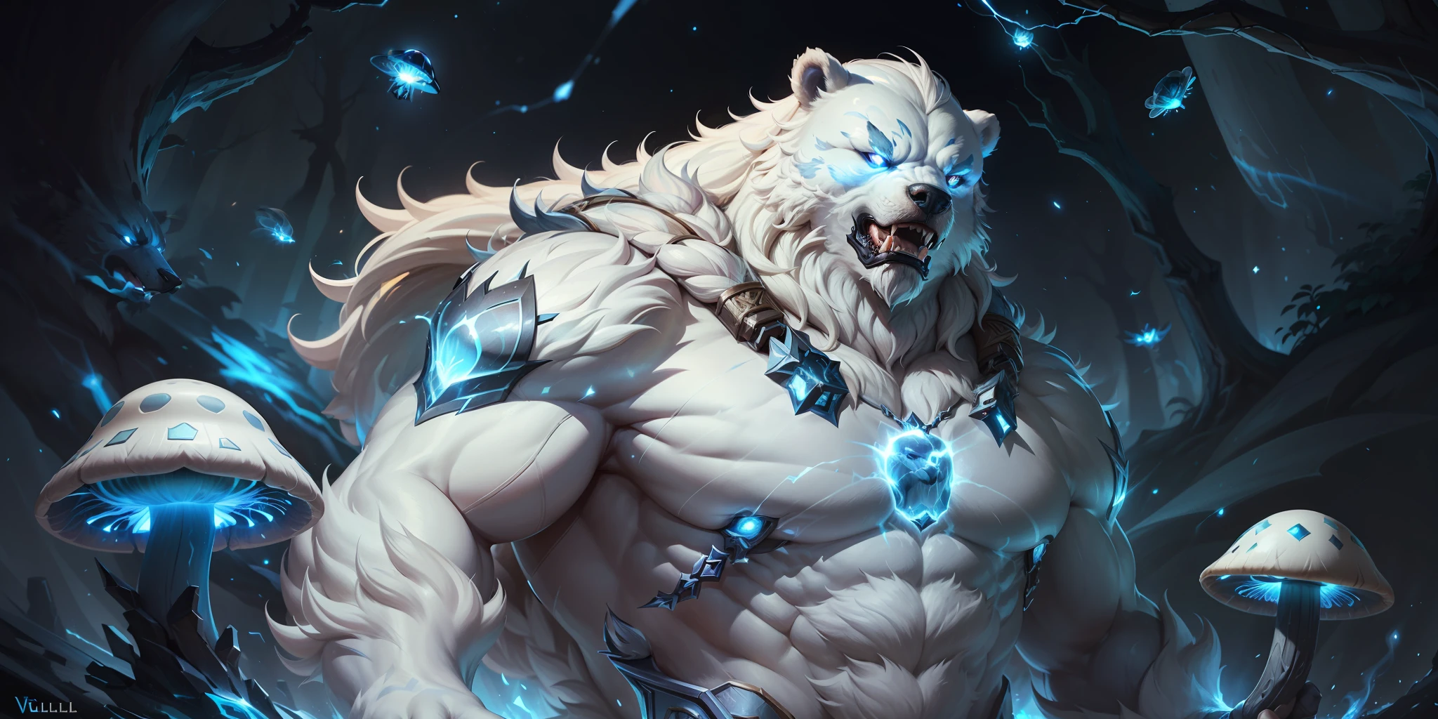 (masterpiece, 4k ,ultra detailed:1.2),(fantasy:1.2),illustration,(realistic:1),(photorealistic:1),
(Volibear, the champion from League of Legends:1.6),
(white hair,very long fur:1.6),(roaring with open mouth:1.3),(white bear with blue eyes and a glowing light on its face:1.4),
(musculous body,blue rays coming out of eyes,rays surrounding around,giant bear:1.3),
(forest, night, lighted mushrooms, fireflies:1.2),