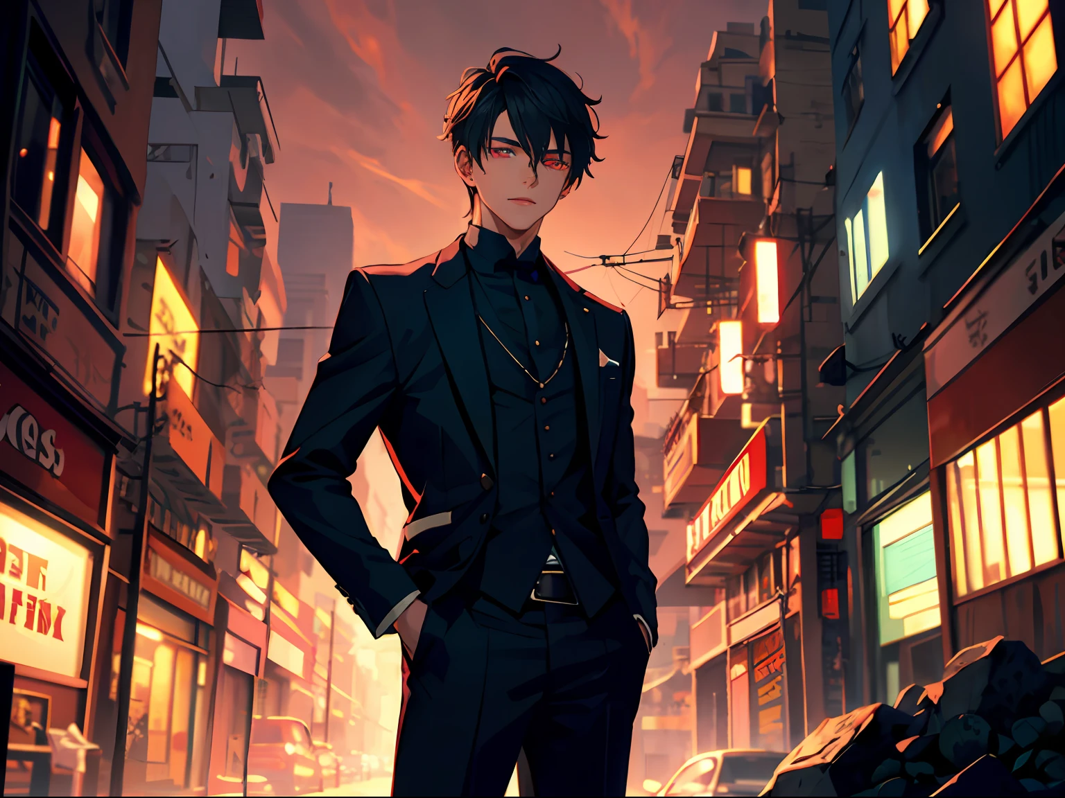 A handsome teenager,His eyes radiated an eerie crimson light,The background is a shabby city background