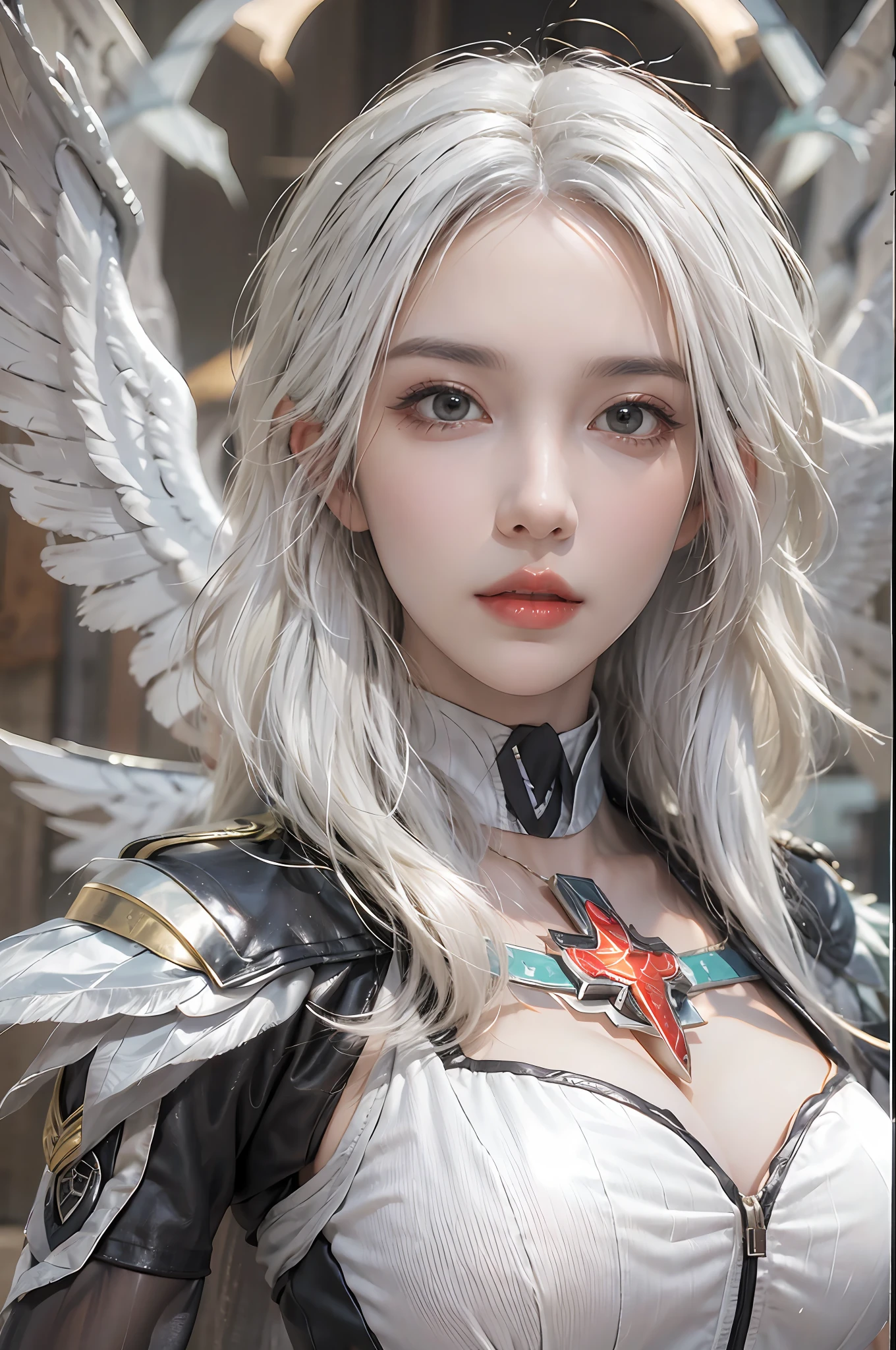 photorealistic, high resolution, 1 women, solo, hips up, look at viewer, (detailed face), white hair, mercy costume