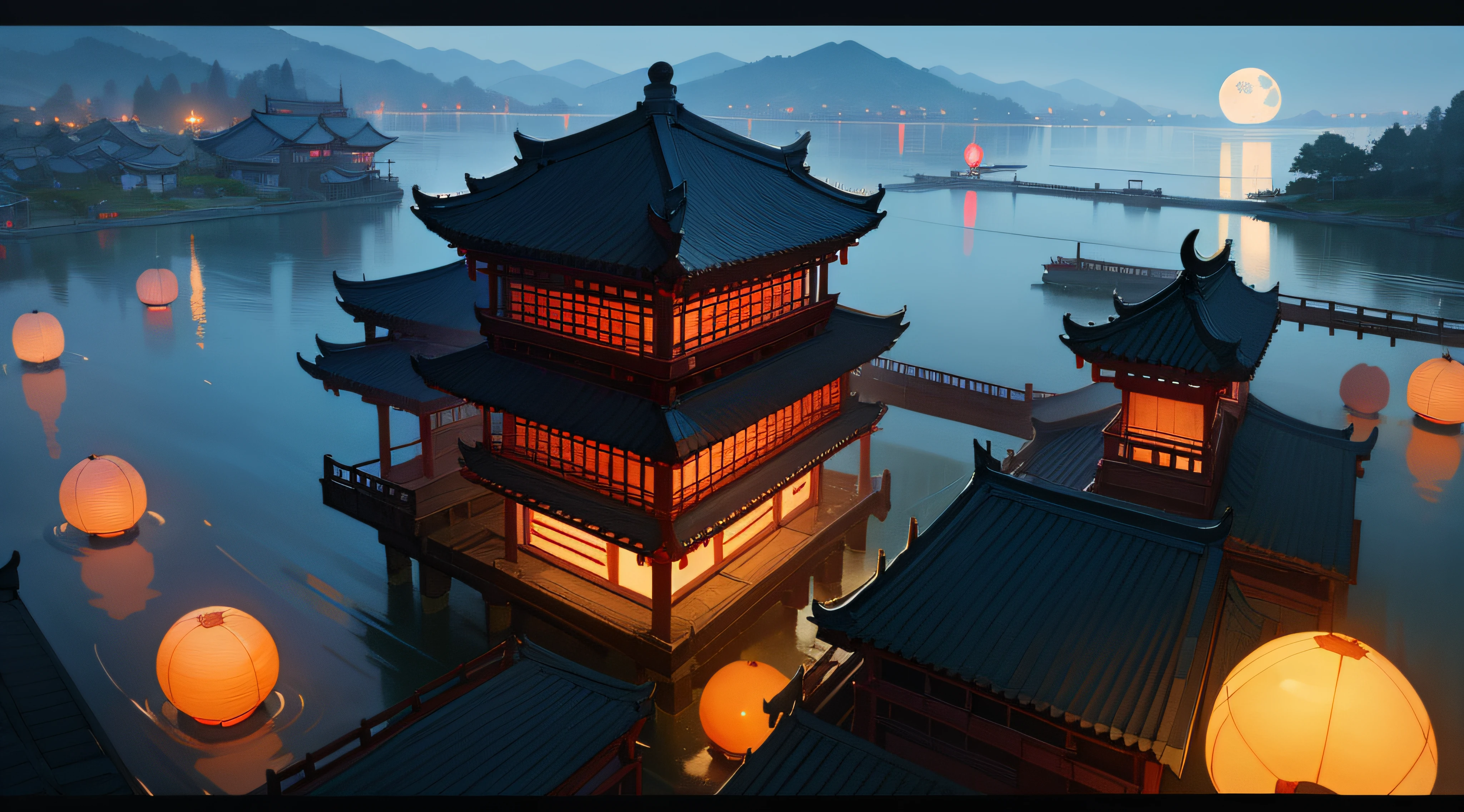 Comic style，Chinese style，Jiangnan Water Town，the night，themoon，Full of Kongming lanterns，tmasterpiece，A high resolution，8k
