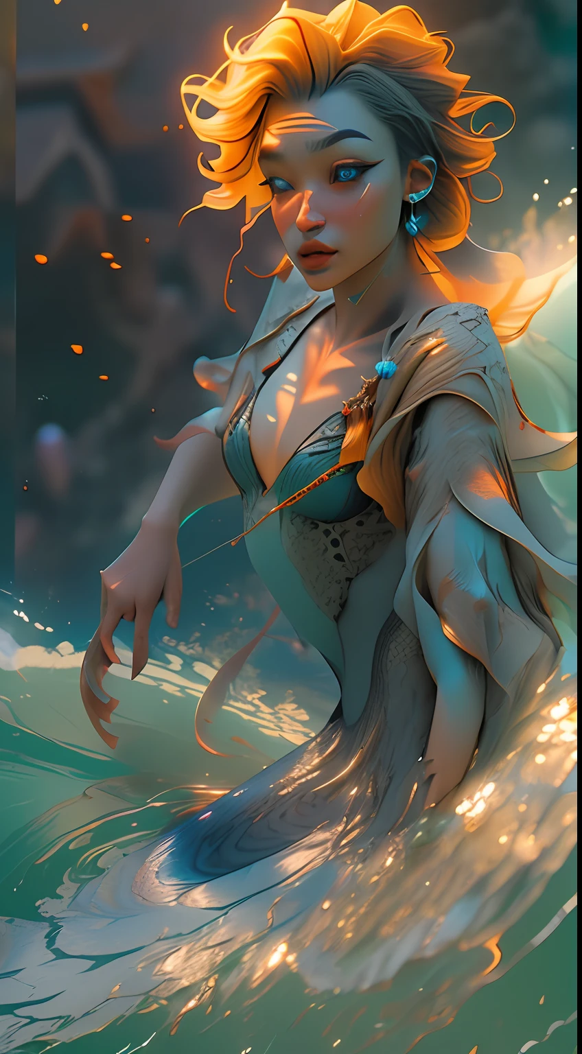 mermaid+embryo+spawn+pixie((beste-Qualit)), ((tmasterpiece)), (Detailed:1.4), 3d, The image of a beautiful cyberpunk woman,HDR (High Dynamic Range),ray traced,NVIDIA RTX,Over-resolution,Unreal 5,sub-surface Scattering,PBR Texturing,postprocessed,Anisotropic filtering,Depth of field,Maximum clarity and sharpness,Multi-layer Textures,Albedo and specular maps,Surface shading,Accurate Light-Material Interaction Simulation,Perfectly proportioned,Octane Render,duotone lighting,Wide aperture, Low ISO,White balance,the rule of thirds,8K RAW,tmasterpiece, beste-Qualit, (8k very detailed wallpapers with CG blocks) (beste-Qualit), (the best illustration), (Better shading) Golden Sea Wave, Bright orange AOL sunset through the wave, Flying golden drops of water, (:1. 6),