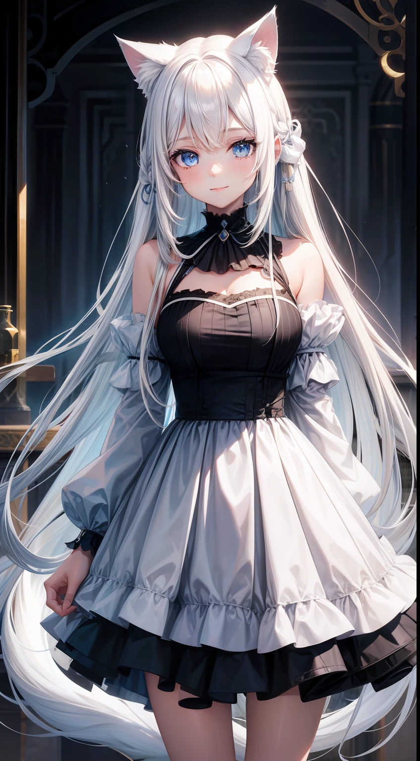 young girl, Long white hair, cat ears, cat tail, blue eyes, Blue luxurious tight dress, ssmile, Masterpiece, hiquality
