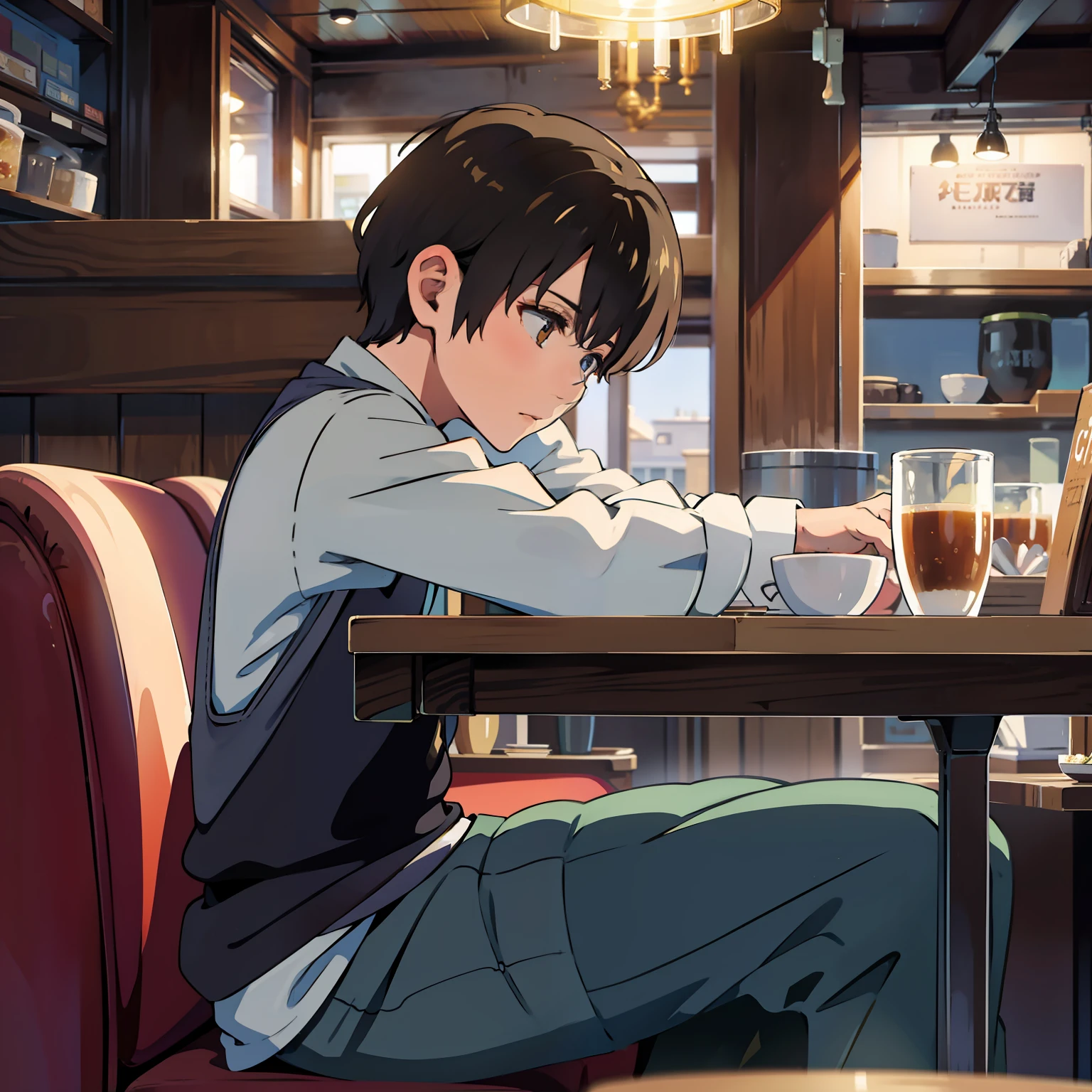 One boy coddles to another café student