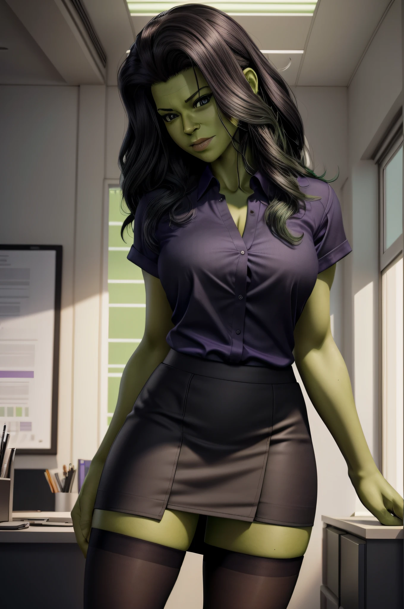 extremely detaild photo of a sexy ((She-Hulk)), (standing in office), ((green skin)), wears (purple office shirt), ((black mini office skirt)), ((black stockings)), (high heels), (black wavy hair), fit body, sexy pose, sultry, sexy, hot, shapely, fine detail, hyper realistic, HD, 4K, definition, texture, perfect detail, perfect face, beautiful, hyperrealism, trending on artstation