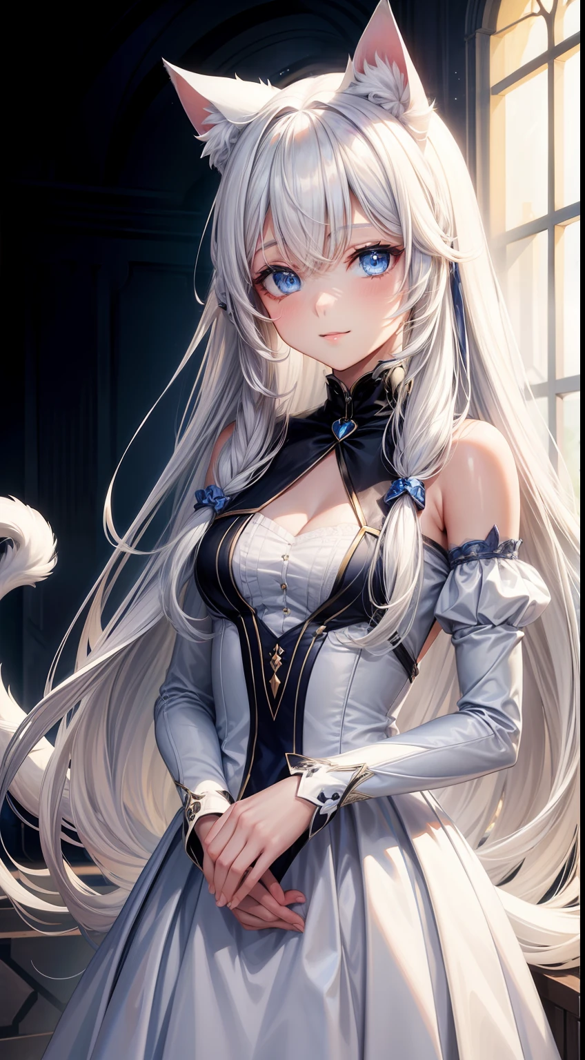 young girl, Long white hair, cat ears, cat tail, blue eyes, Blue luxurious tight dress, ssmile, Masterpiece, hiquality