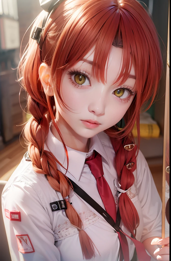 tmasterpiece,(真实感:1.4),best qualtiy,beautiful light up,(Ulzzang-6500:0.5),makima \(chainsawman\),(red hair)+(long braid)+(By bangs),Yellow eyes,Golden eyes, ((eye socket)), (white shirt), (tiese), RAW photos, 8K UHD, filmgrain