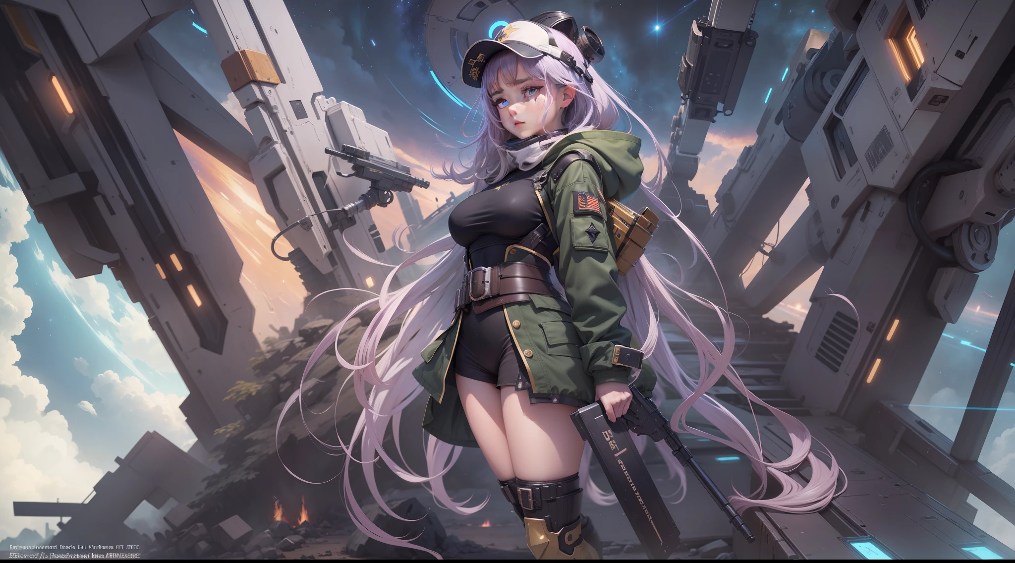 tmasterpiece，Need，1girll，A high resolution，Aesthetic，anime big breast，（Small chest 1：2），（In the universe，wearing combat fatigues），fansty world，Sci-fi costumes，（Stars，kosmos）